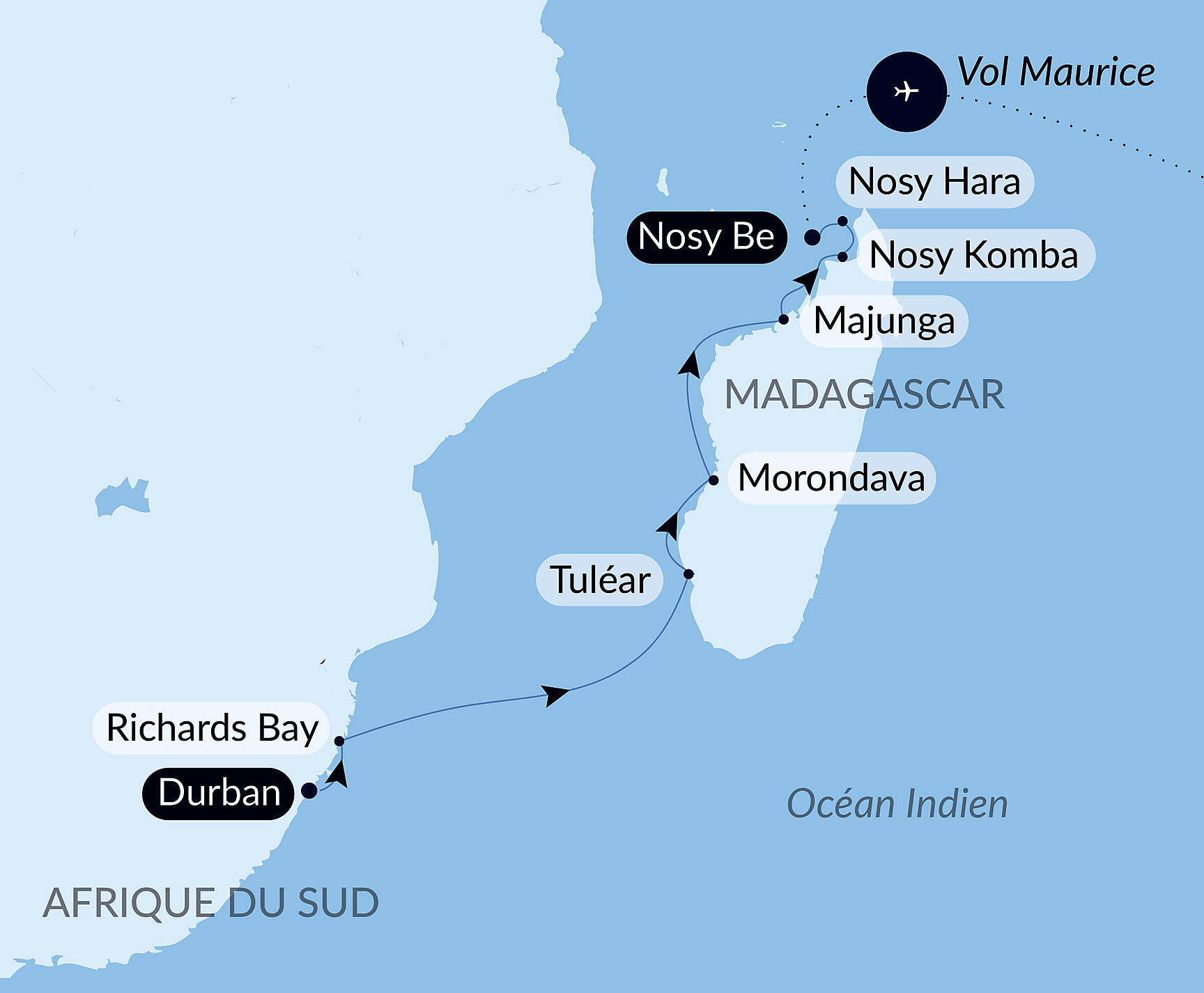 Carte itinéraire — Afrique du Sud et Madagascar