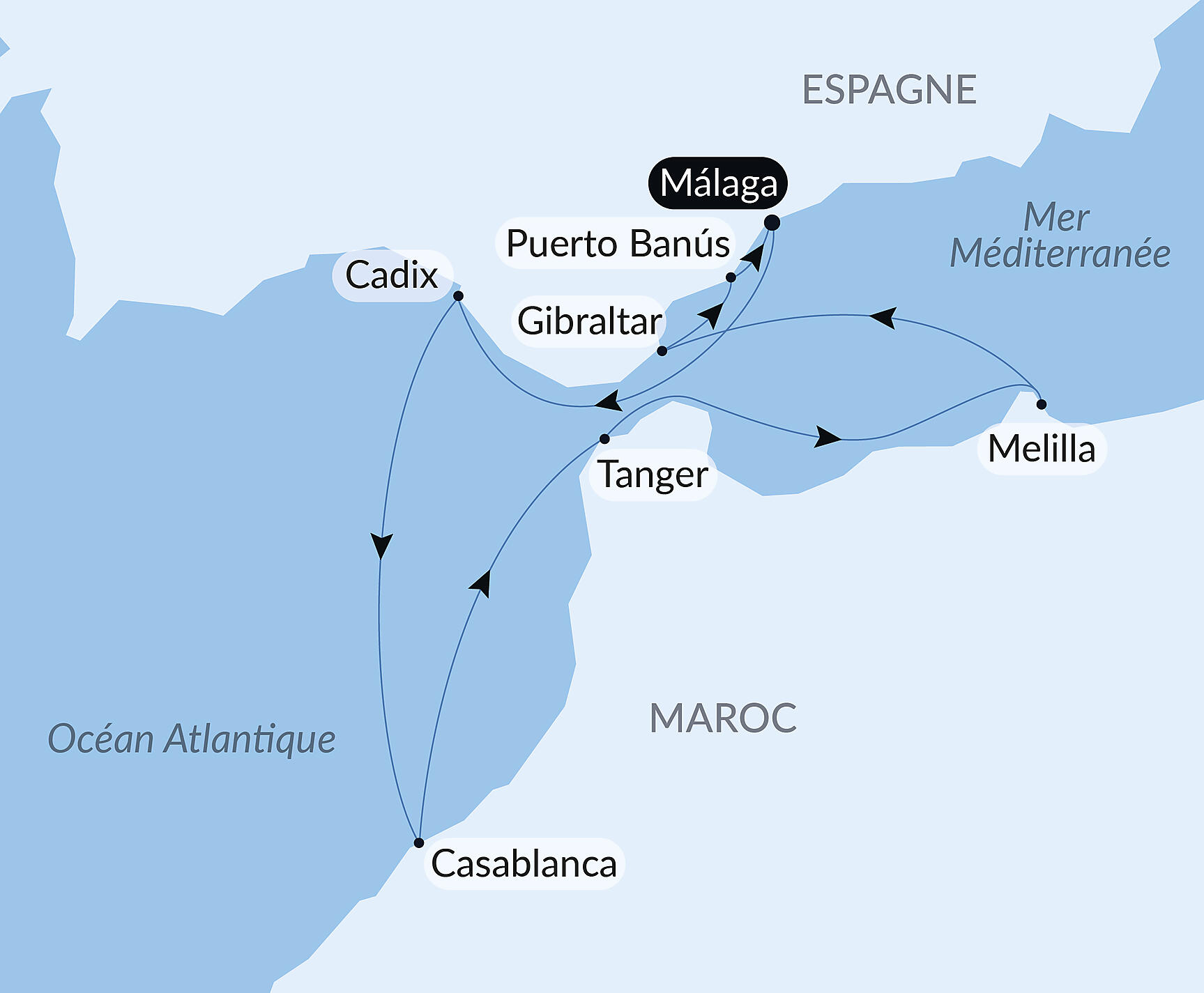 Carte itinéraire — Andalousie et rivages marocains