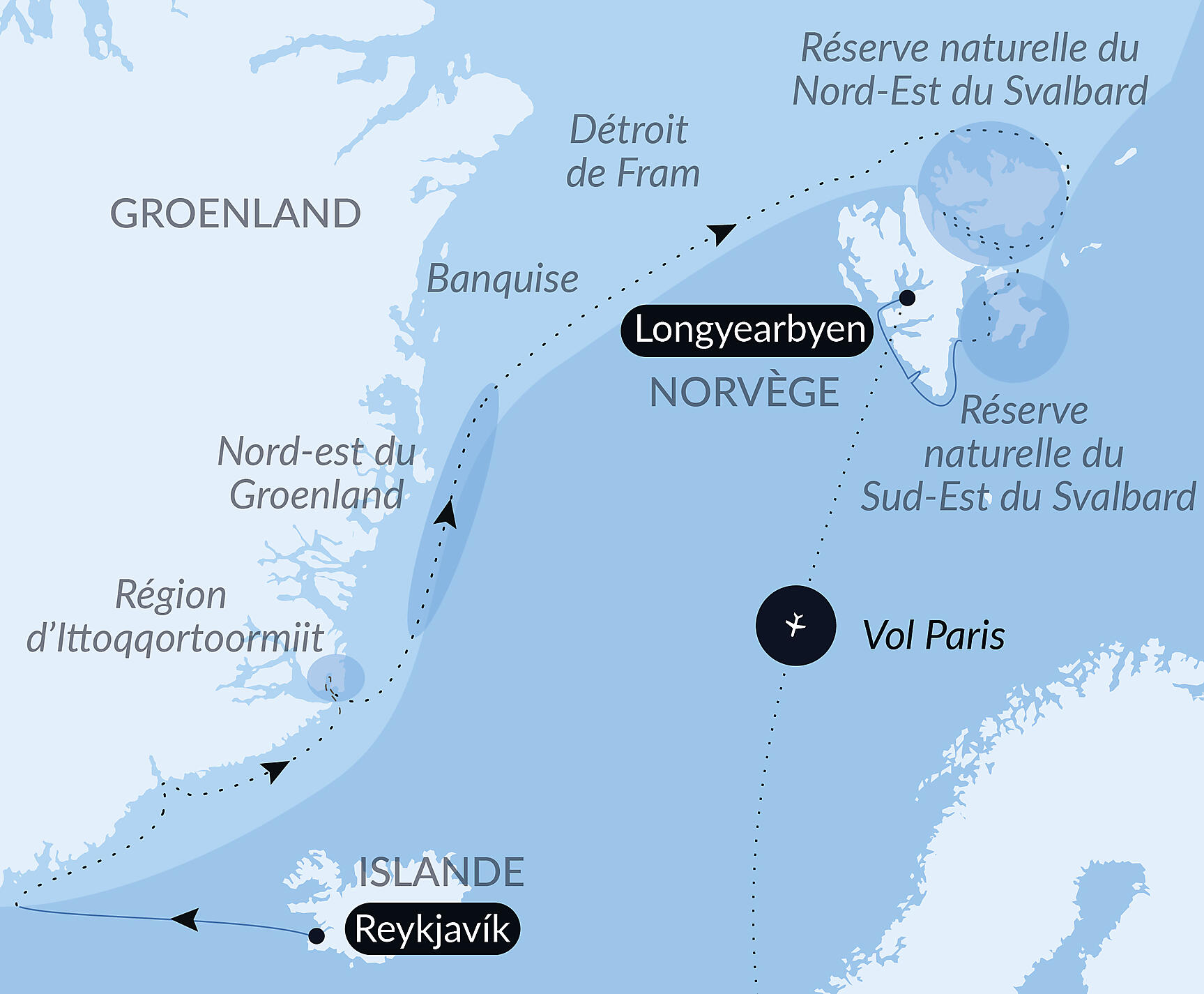 Carte itinéraire — Au cœur des glaces de l'Arctique, du Groenland au Svalbard