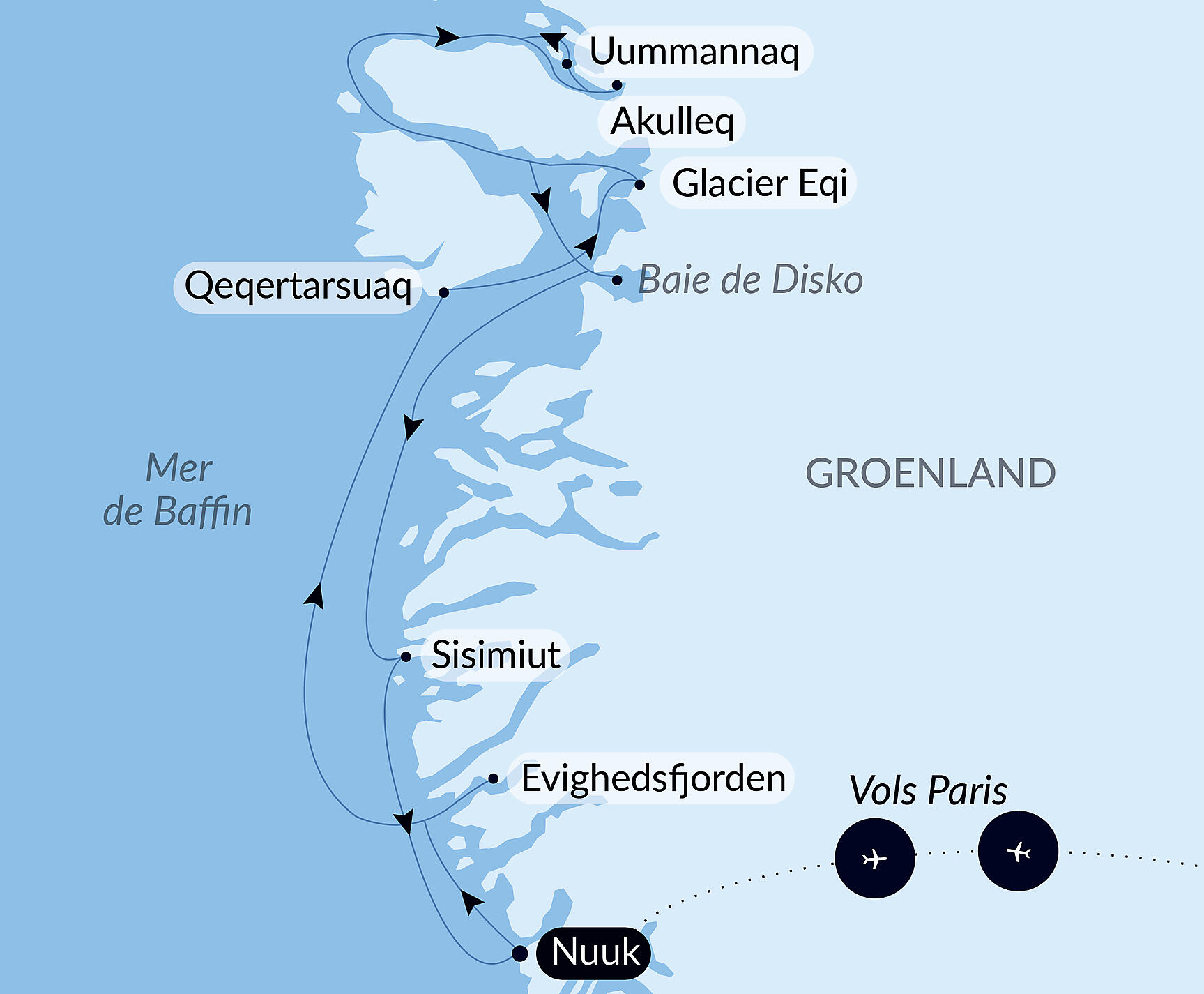 Carte itinéraire — Baie de Disko et villages inuits