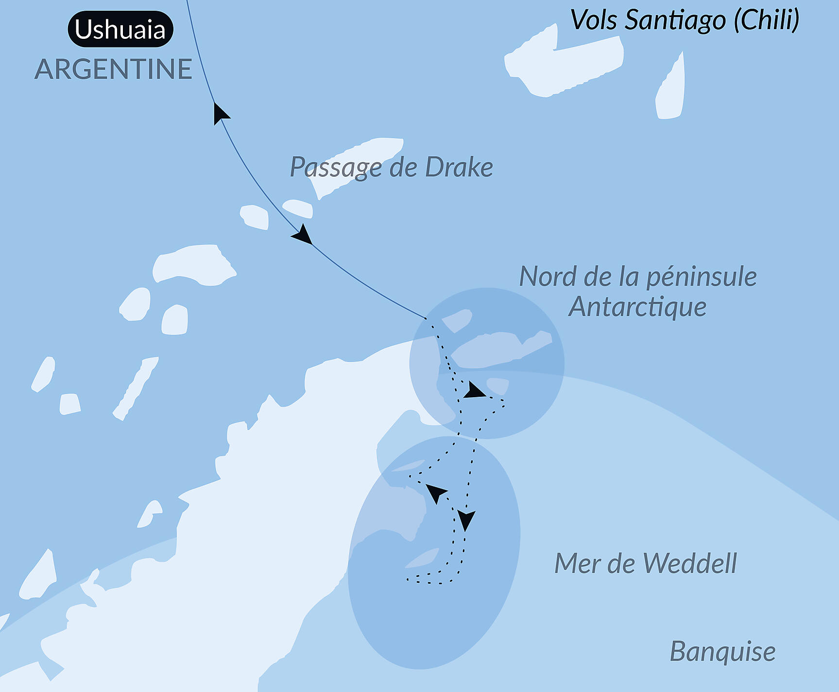 Carte itinéraire — Cap sur les glaces de la mythique mer de Weddell