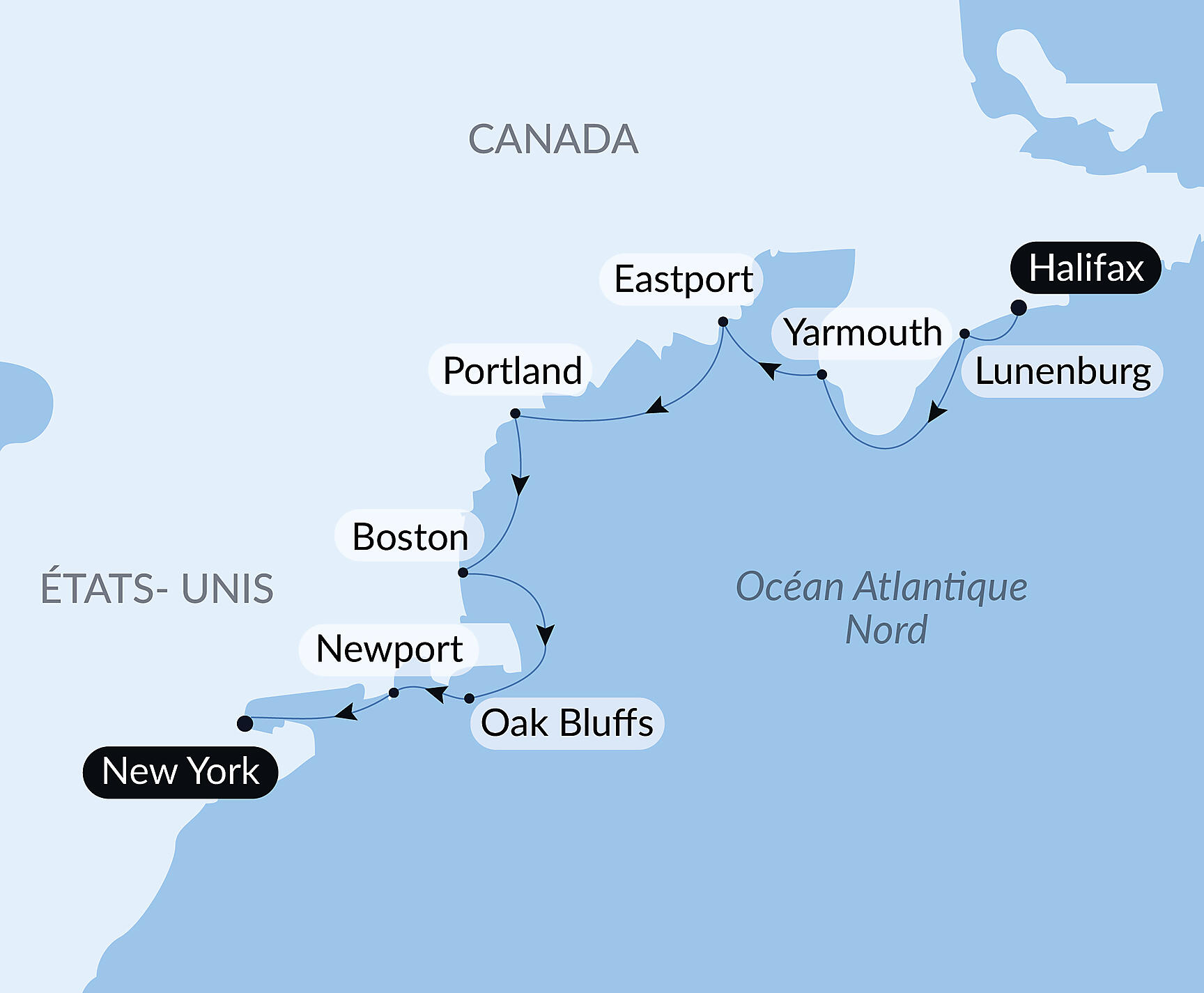 Carte itinéraire — Charme et héritage des rivages nord-américains