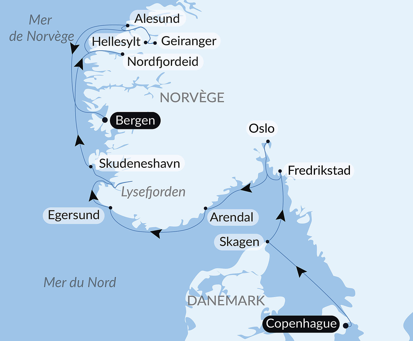Carte itinéraire — Cités scandinaves et fjords norvégiens