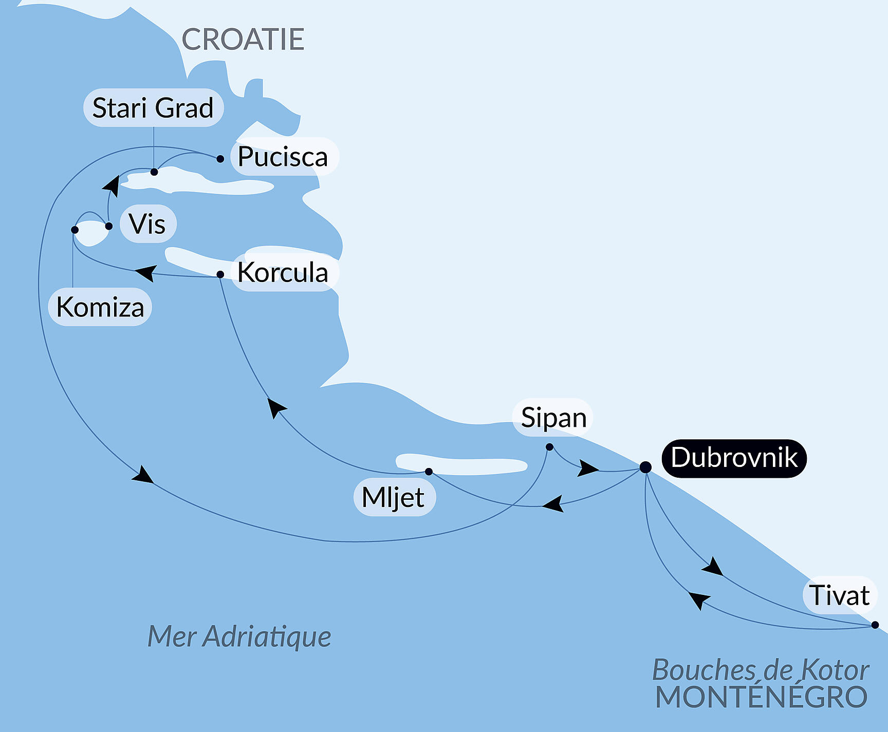 Carte itinéraire — La Croatie, sous les voiles du Ponant