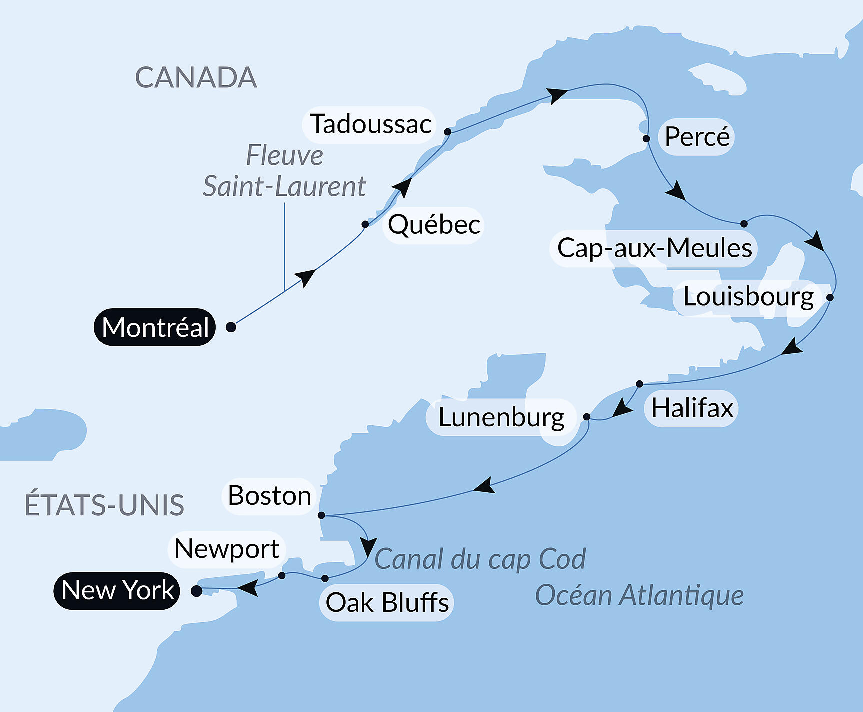 Carte itinéraire — Croisière de la fidélité - De la Belle Province à Big Apple : nature et cités remarquables