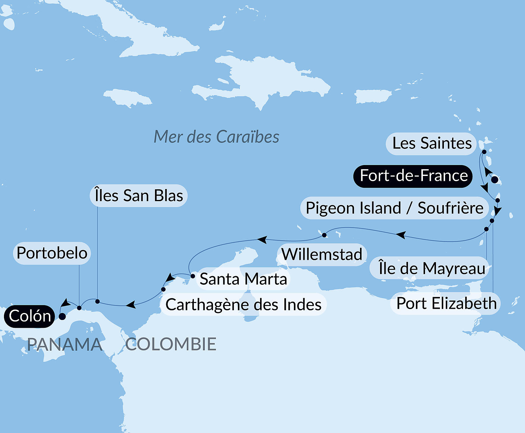Carte itinéraire — Croisière de la fidélité - Panama, Colombie et les îles Caraïbes