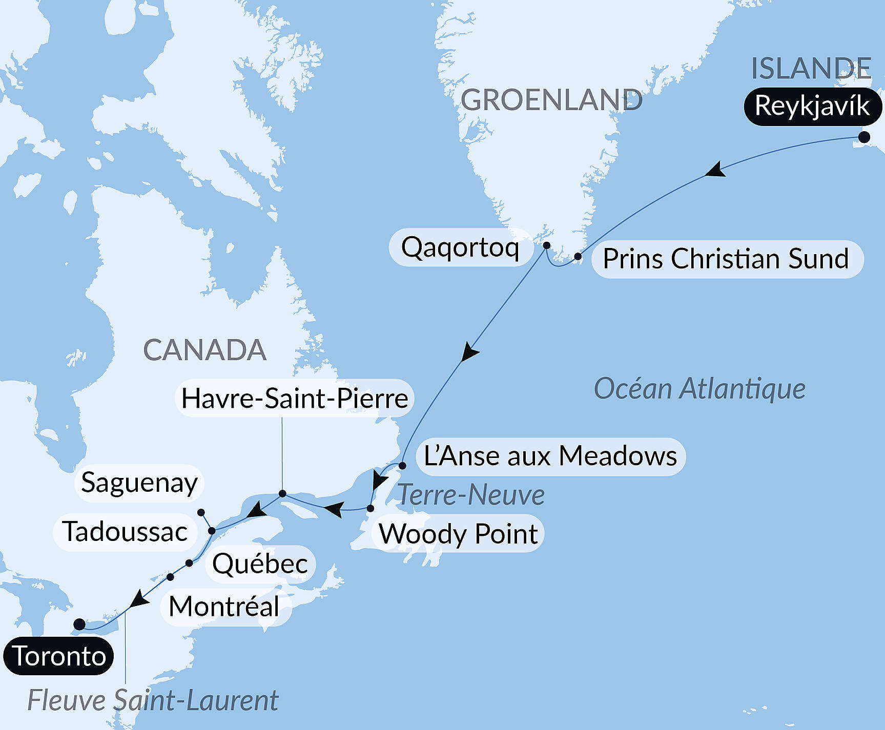 Carte itinéraire — Dans le sillage des Vikings, de l’Islande au Canada