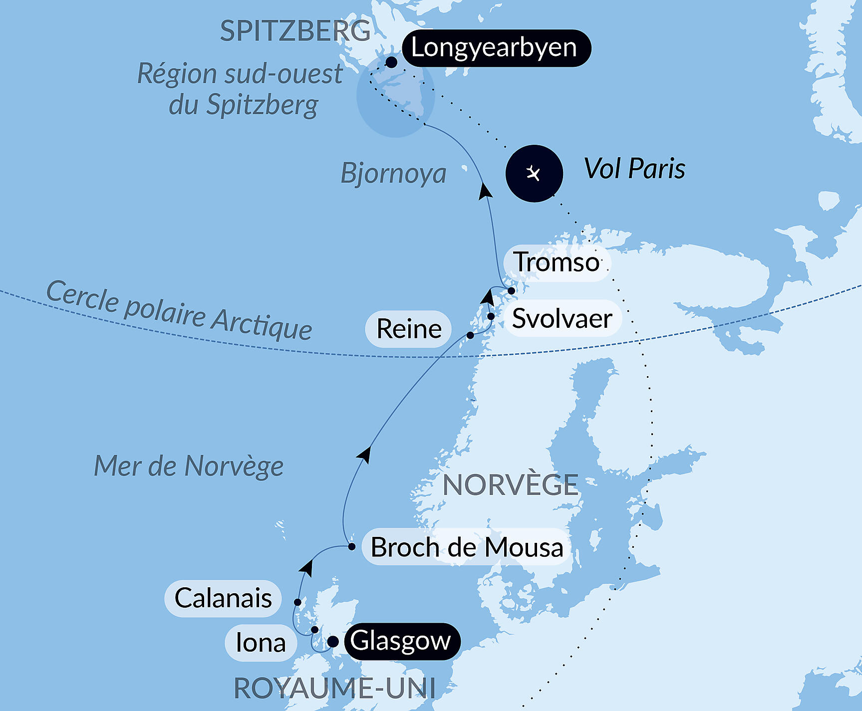 Carte itinéraire — De l’Écosse au Spitzberg