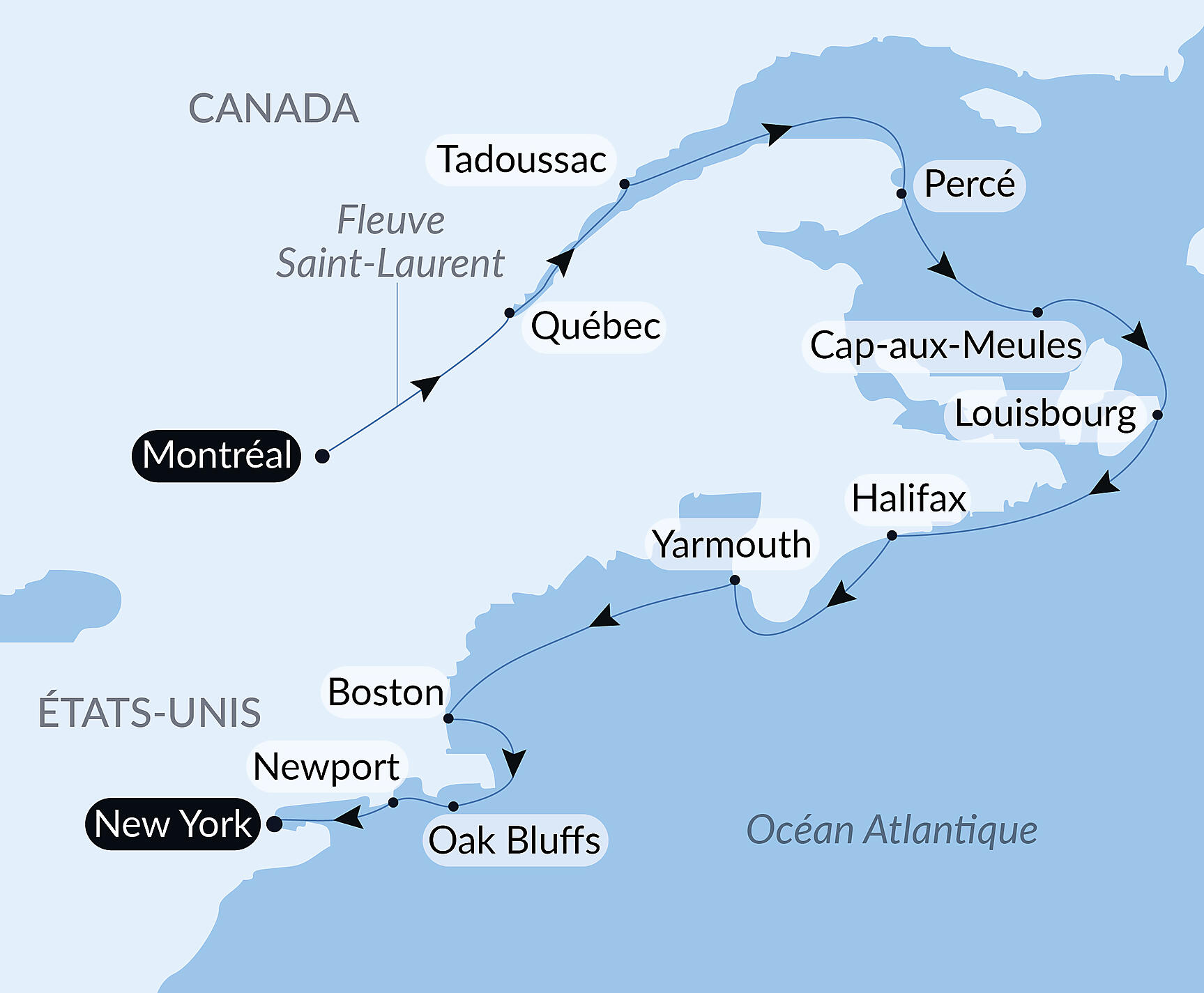 Carte itinéraire — De la Belle Province à Big Apple : nature et cités remarquables