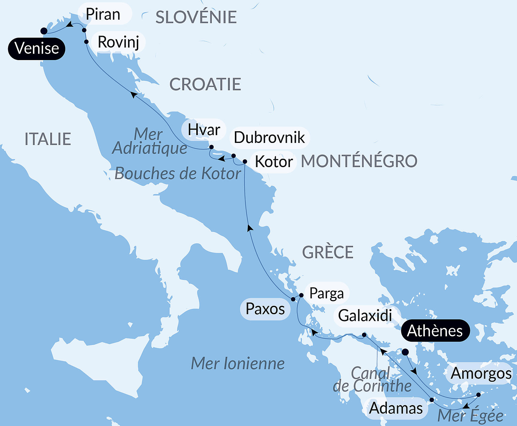 Carte itinéraire — De la cité des dieux à la cité des Doges