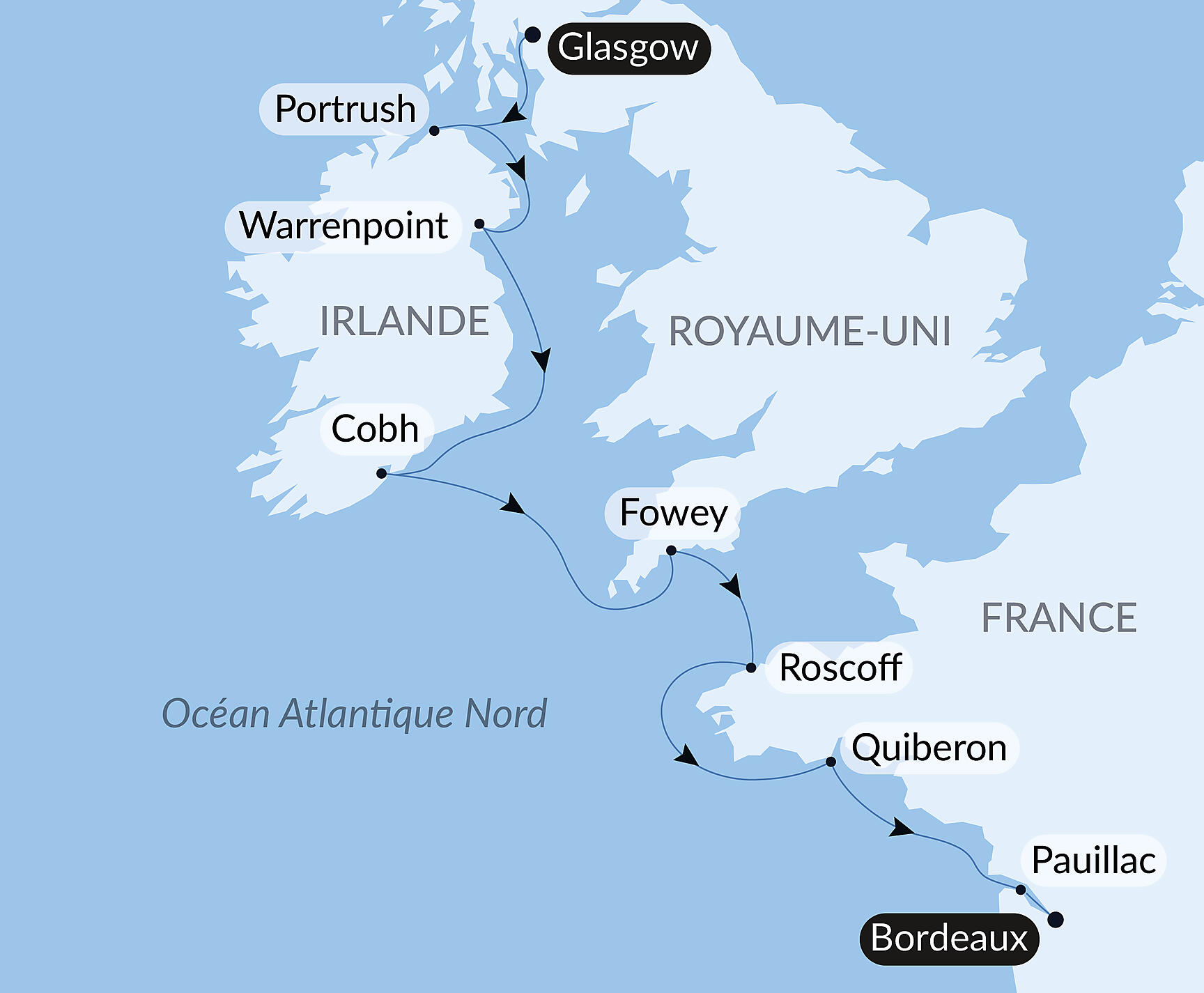 Carte itinéraire — De la mer d'Irlande au golfe de Gascogne