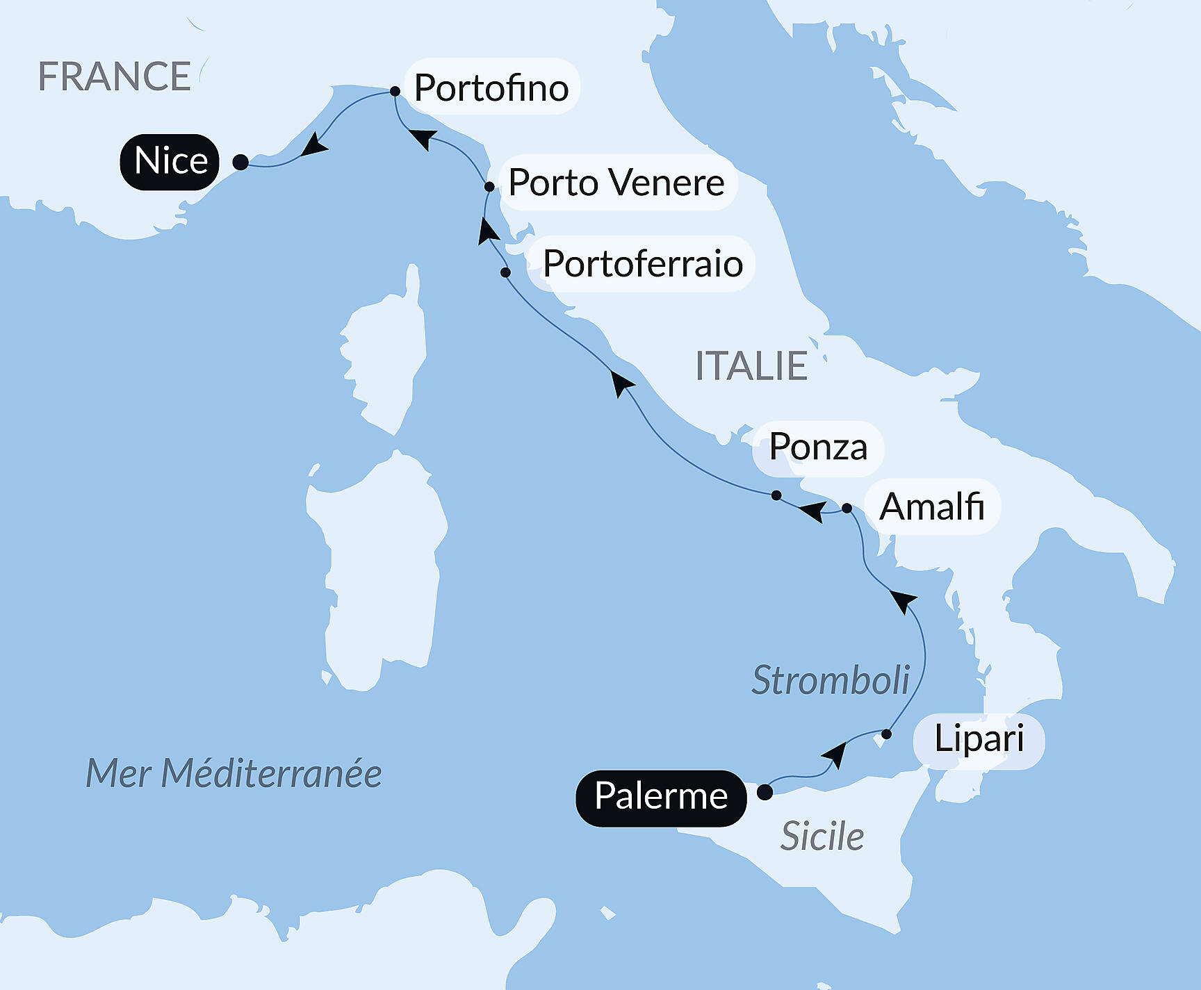 Carte itinéraire — De la Sicile à la Riviera ligure, sous les voiles du Ponant