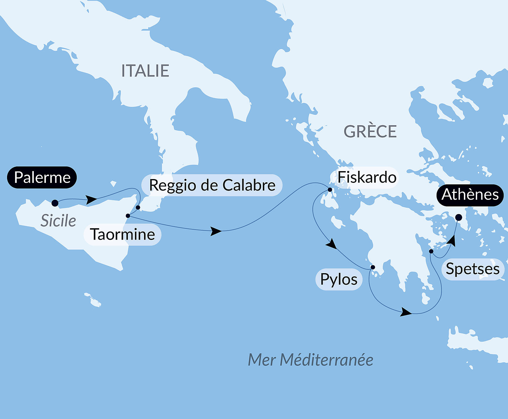 Carte itinéraire — De la Sicile aux îles grecques, sous les voiles du Ponant