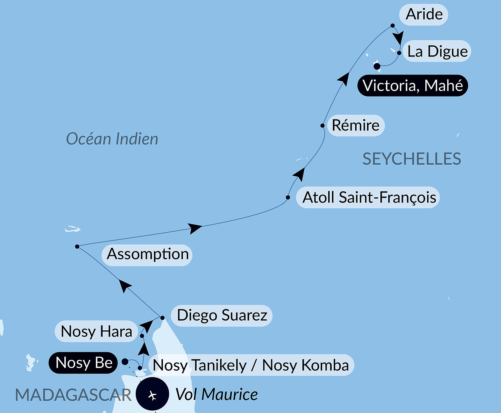 Carte itinéraire — De Madagascar aux Seychelles, îles insoupçonnées