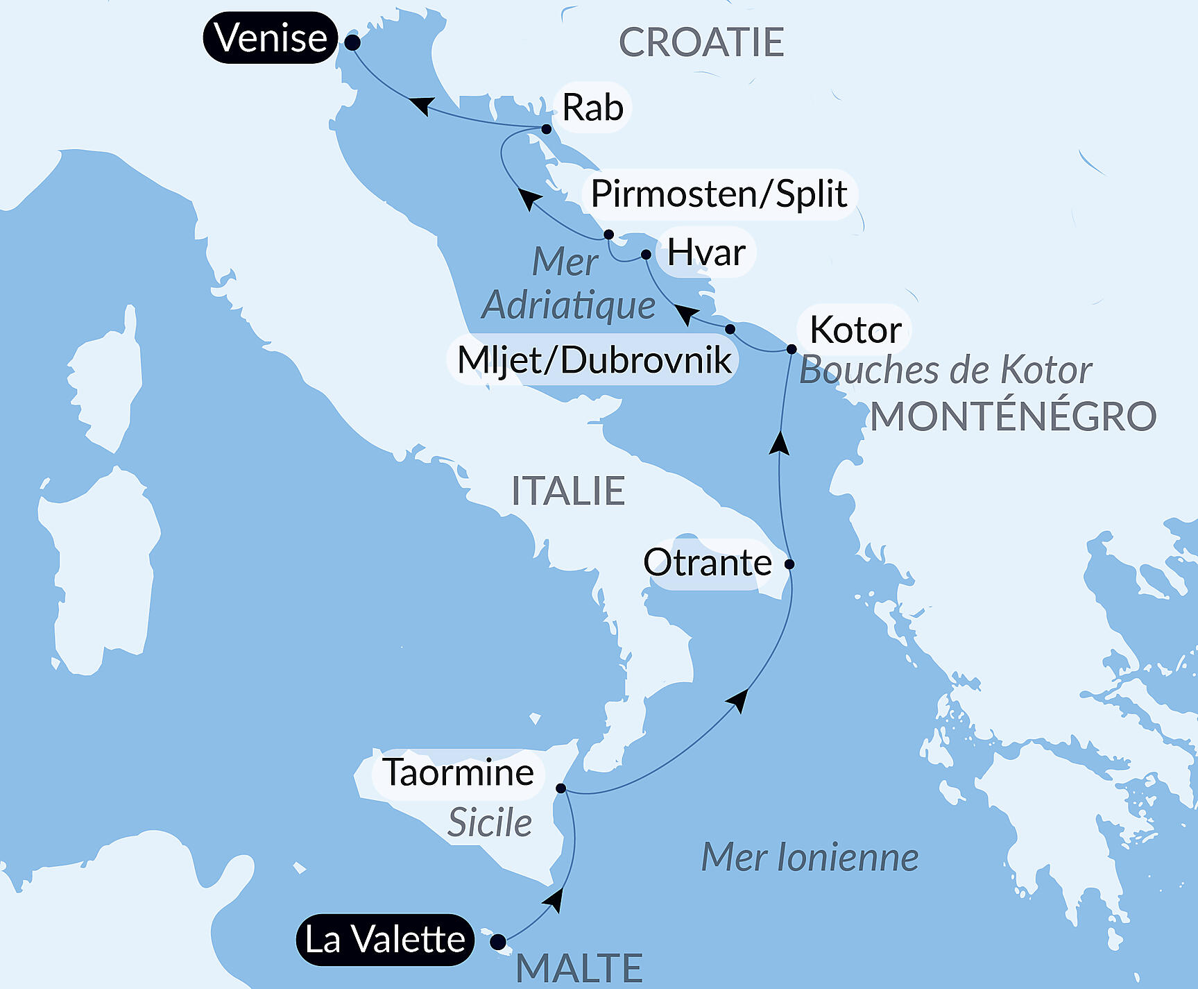 Carte itinéraire — De Malte aux rives de l'Adriatique