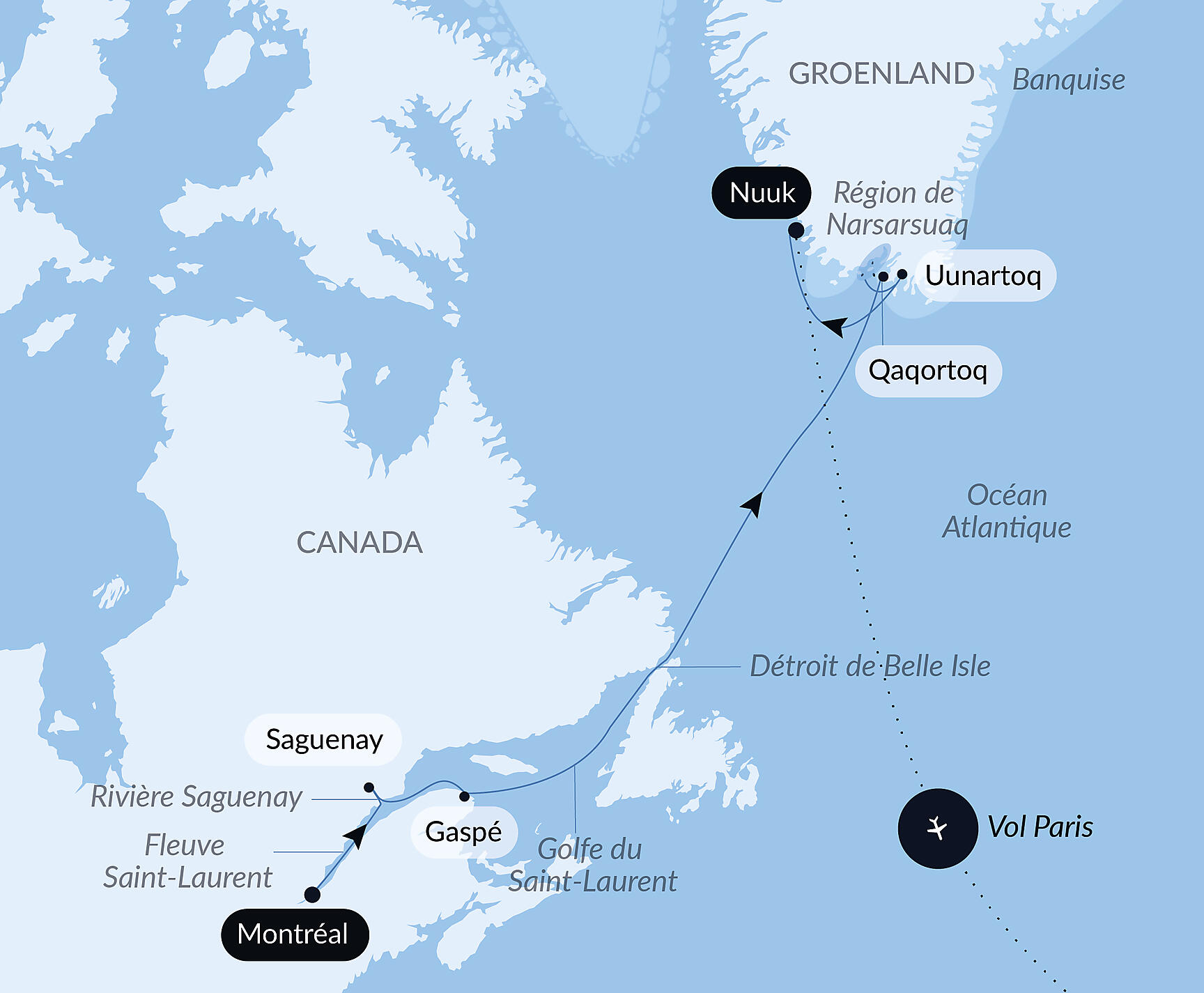 Carte itinéraire — Derniers instants d'hiver, du Saint-Laurent au Groenland