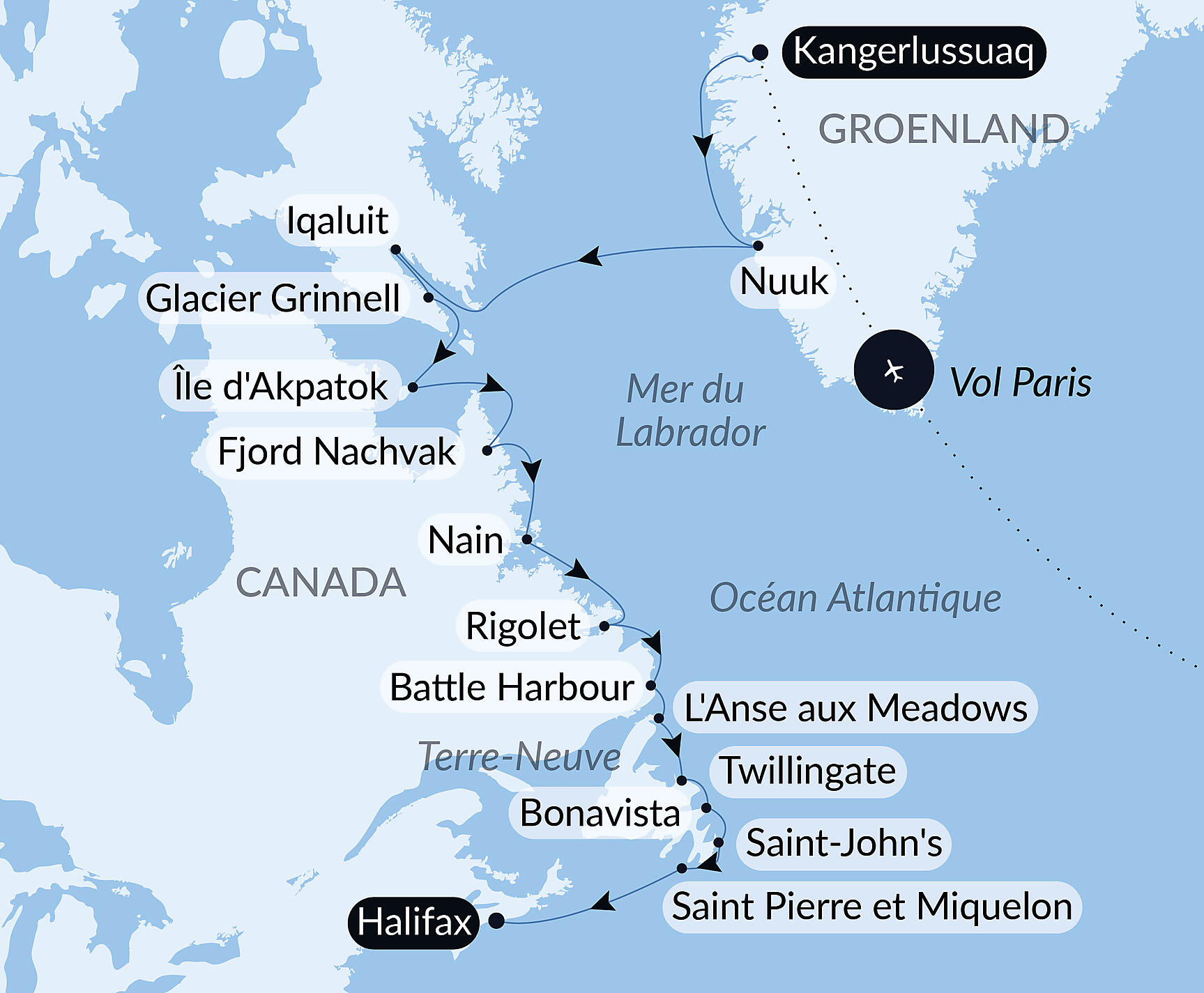 Carte itinéraire — Des côtes sauvages du Groenland à la côte est du Canada