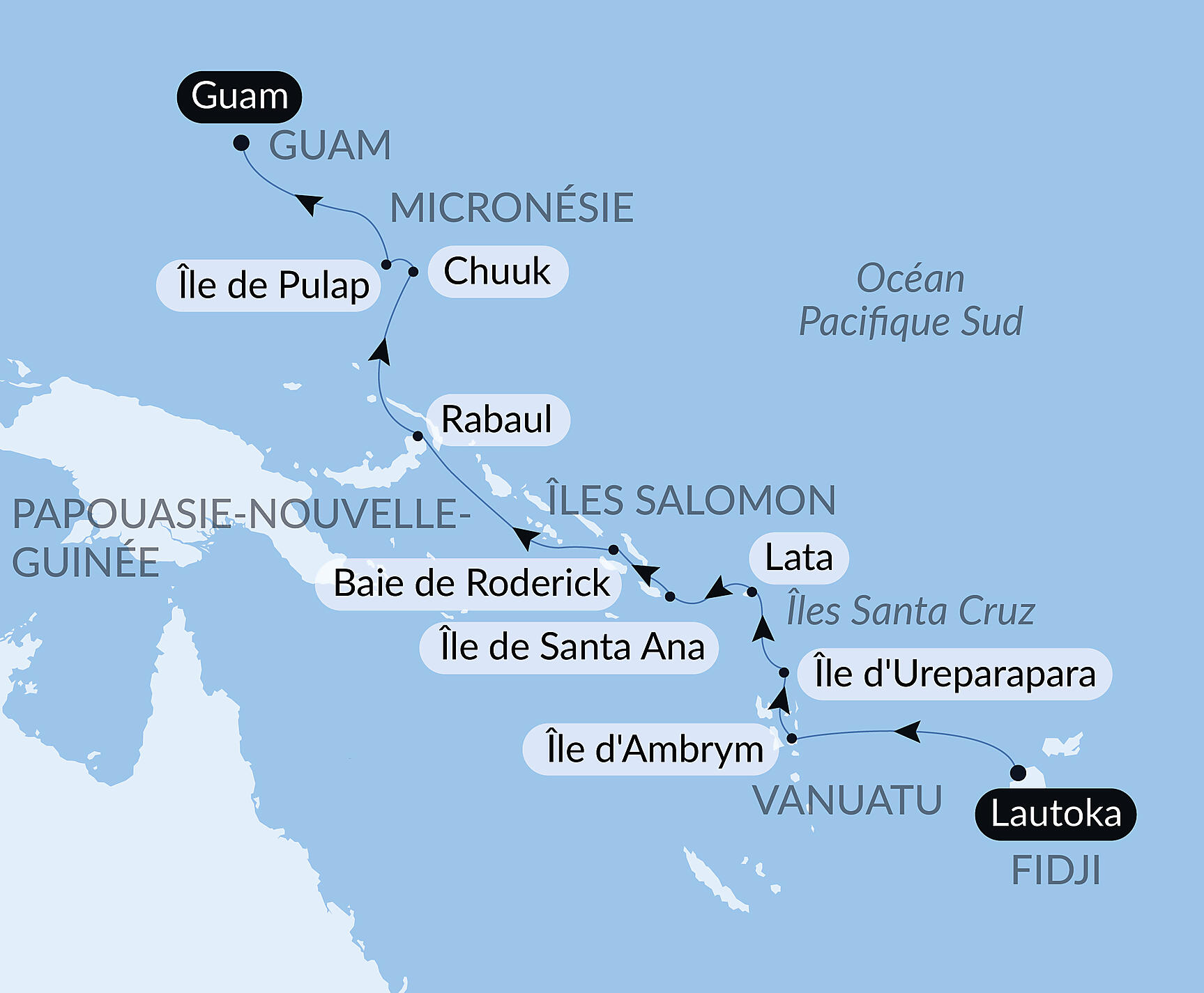 Carte itinéraire — Des Fidji à la Micronésie