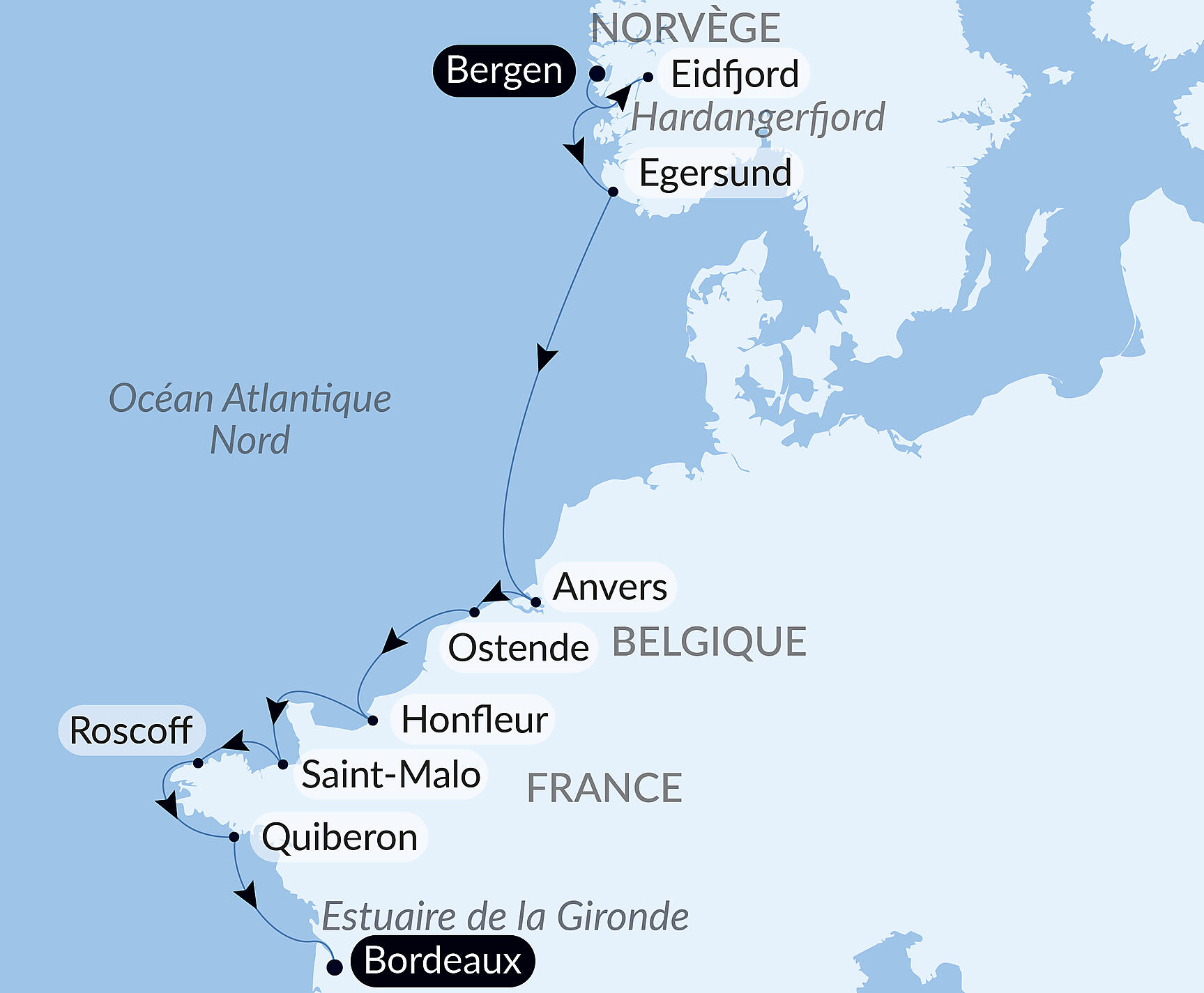 Carte itinéraire — Des fjords norvégiens au golfe de Gascogne