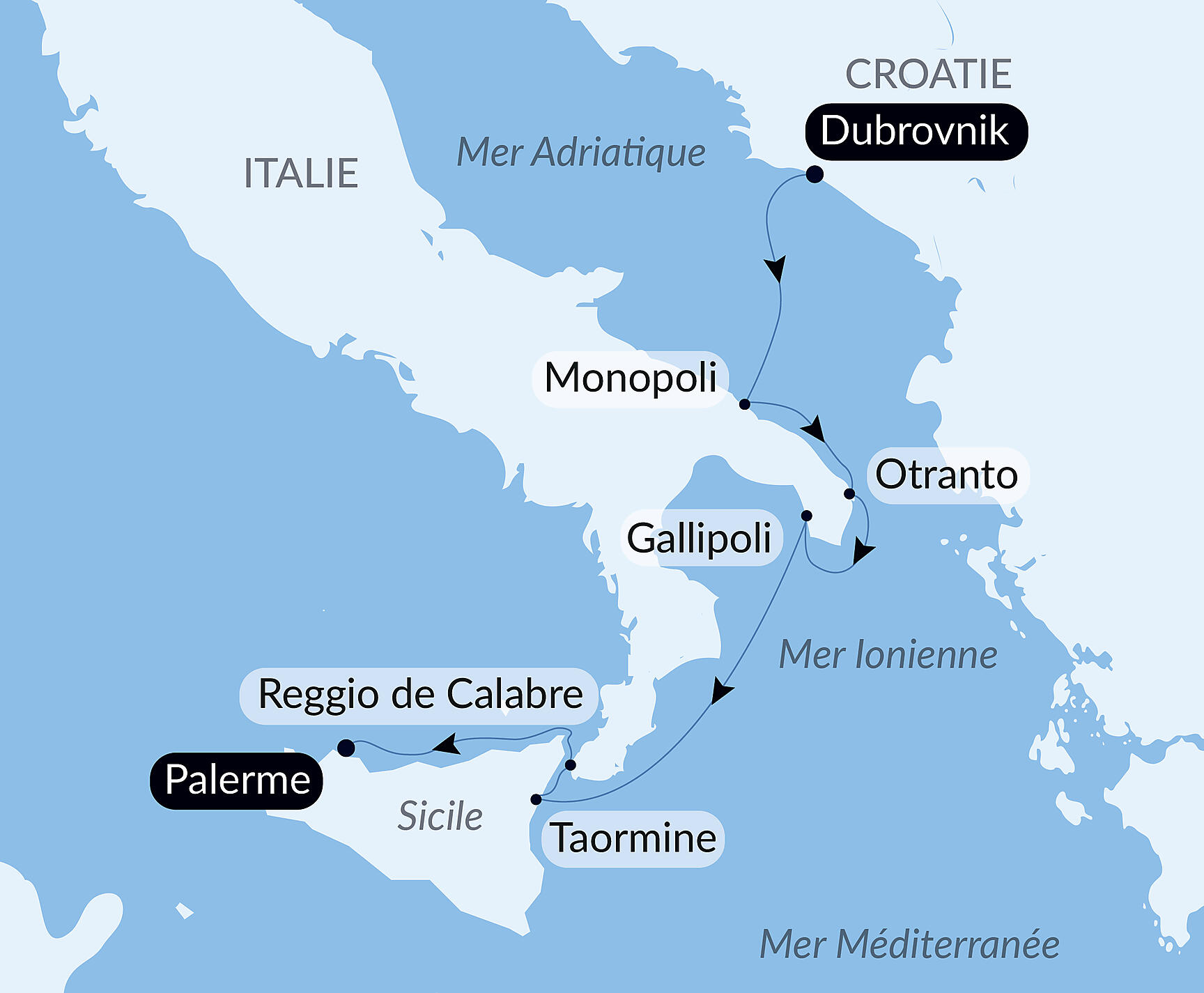 Carte itinéraire — Des Pouilles à la Sicile, sous les voiles du Ponant