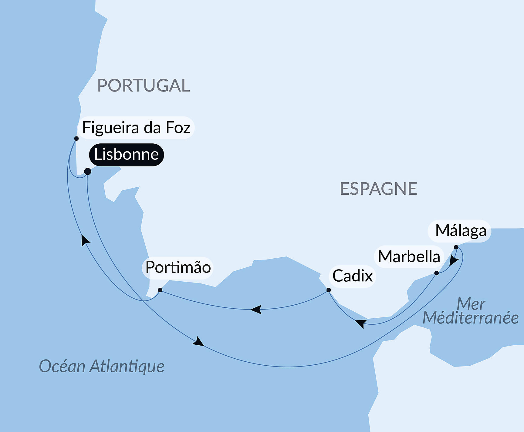 Carte itinéraire — Eclipse solaire totale entre Méditerranée et Atlantique