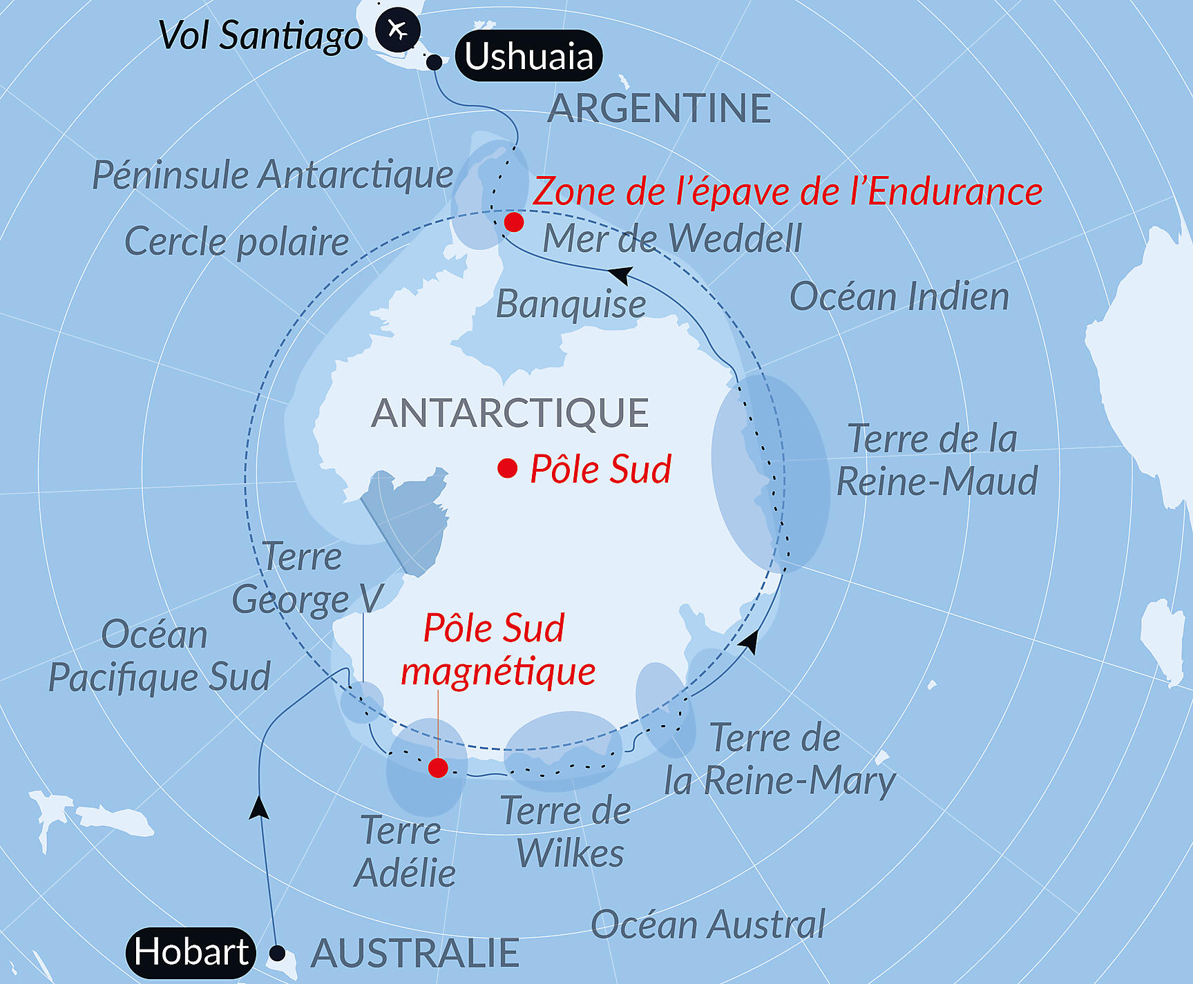Carte itinéraire — Entre deux continents, terres inexplorées orientales d'Antarctique