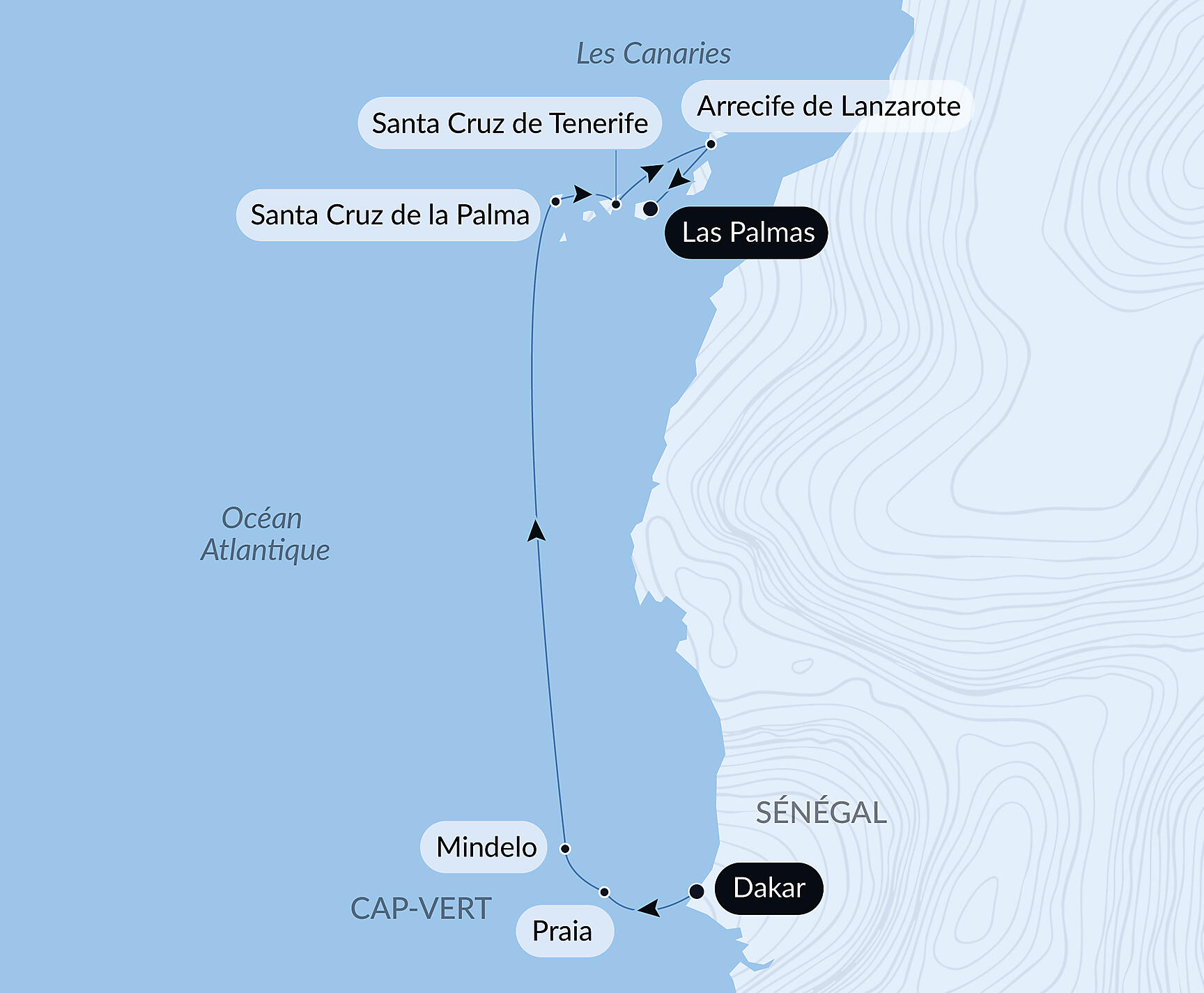 Carte itinéraire — Entre volcans et océan, du Cap-Vert aux Canaries