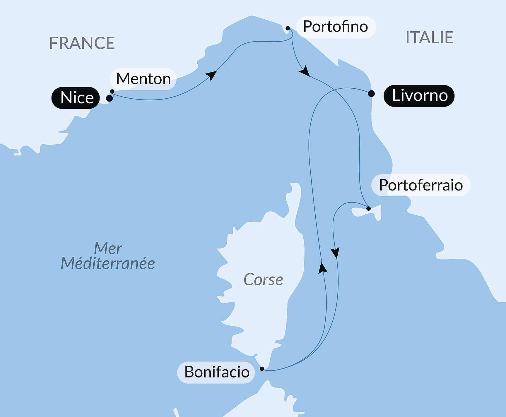 Carte itinéraire — Escapade automnale entre Côte d’Azur, Riviera italienne et Corse