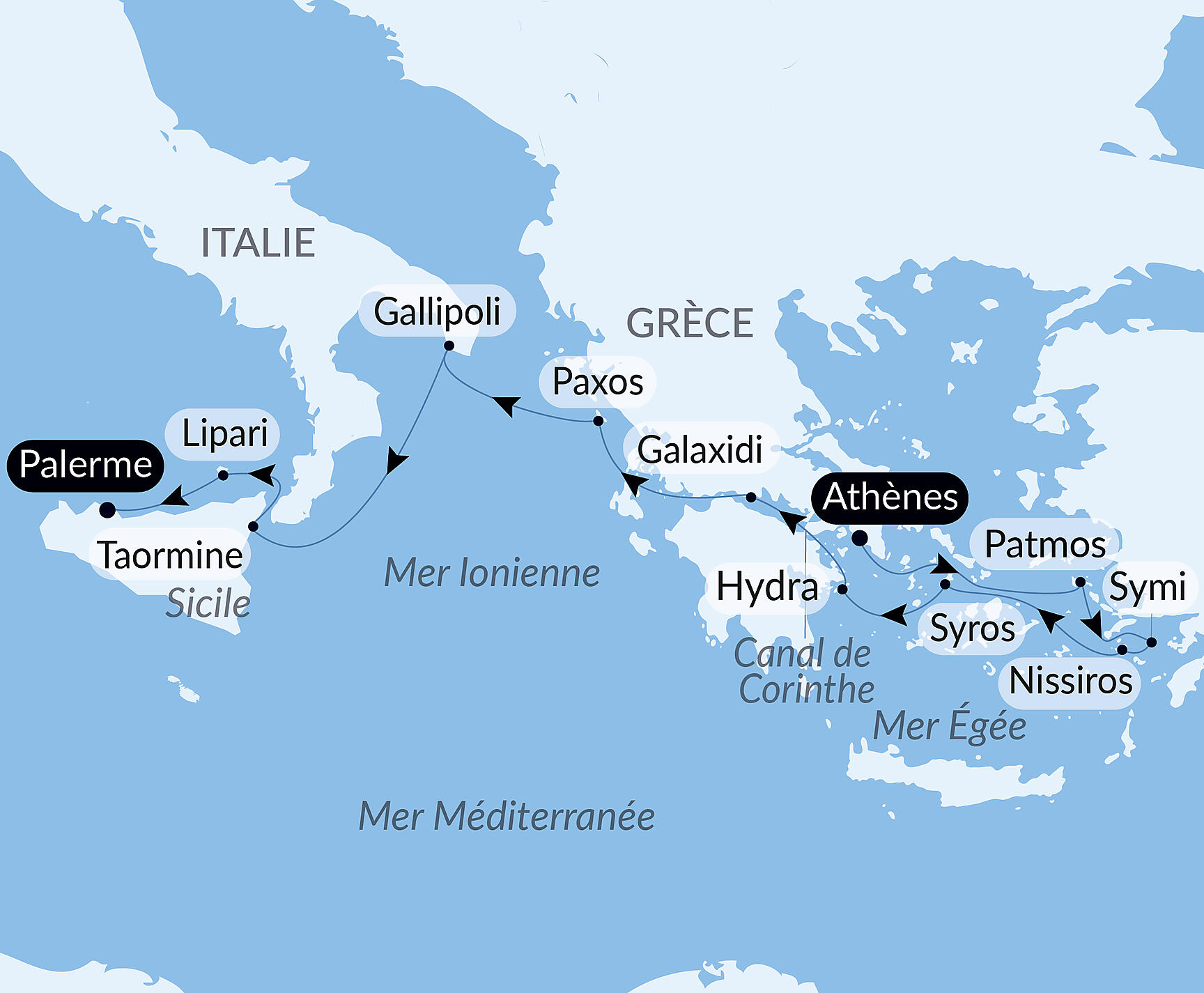 Carte itinéraire — Escapade entre îles grecques et trésors d’Italie