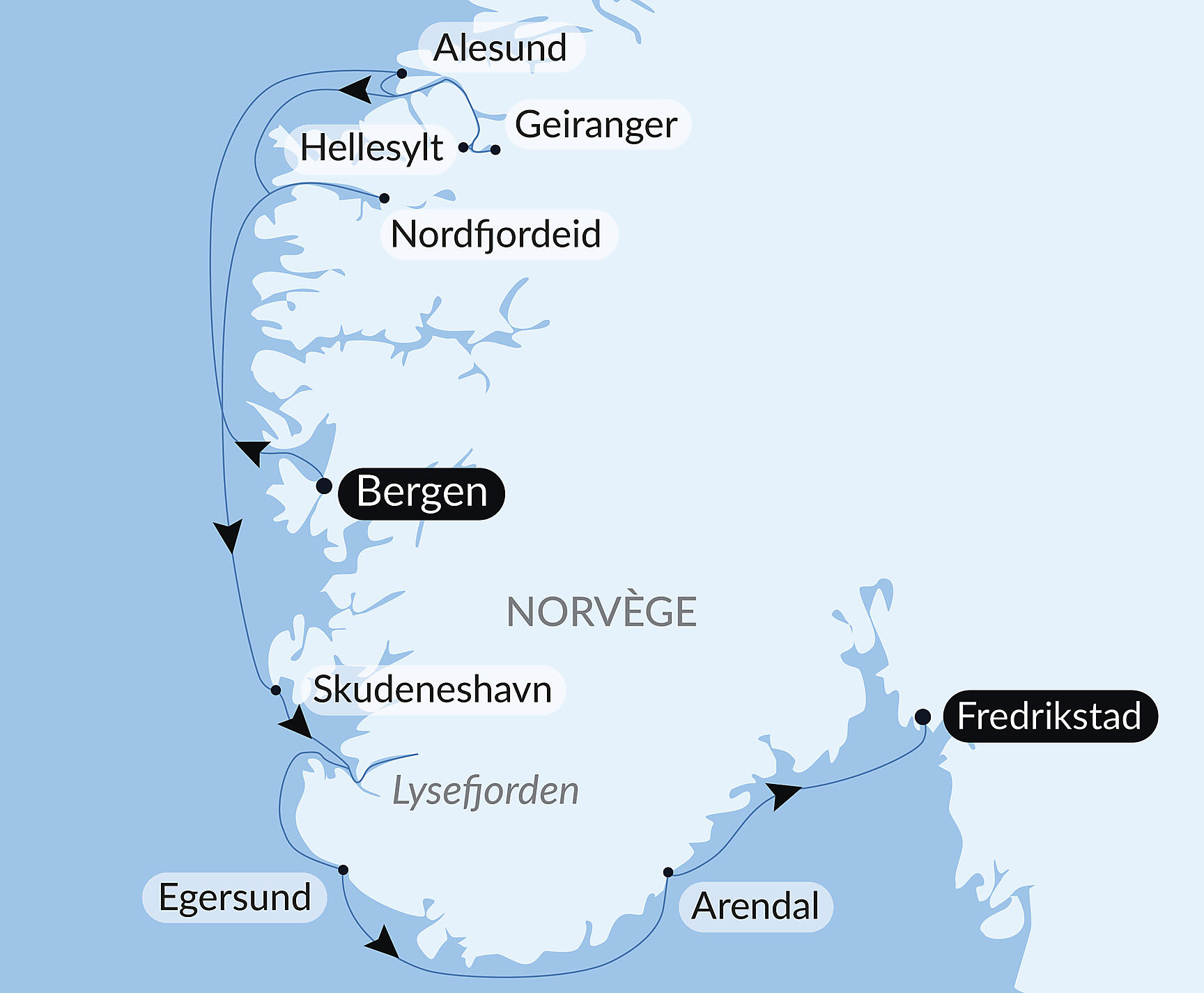 Carte itinéraire — Escapade gastronomique dans les fjords norvégiens