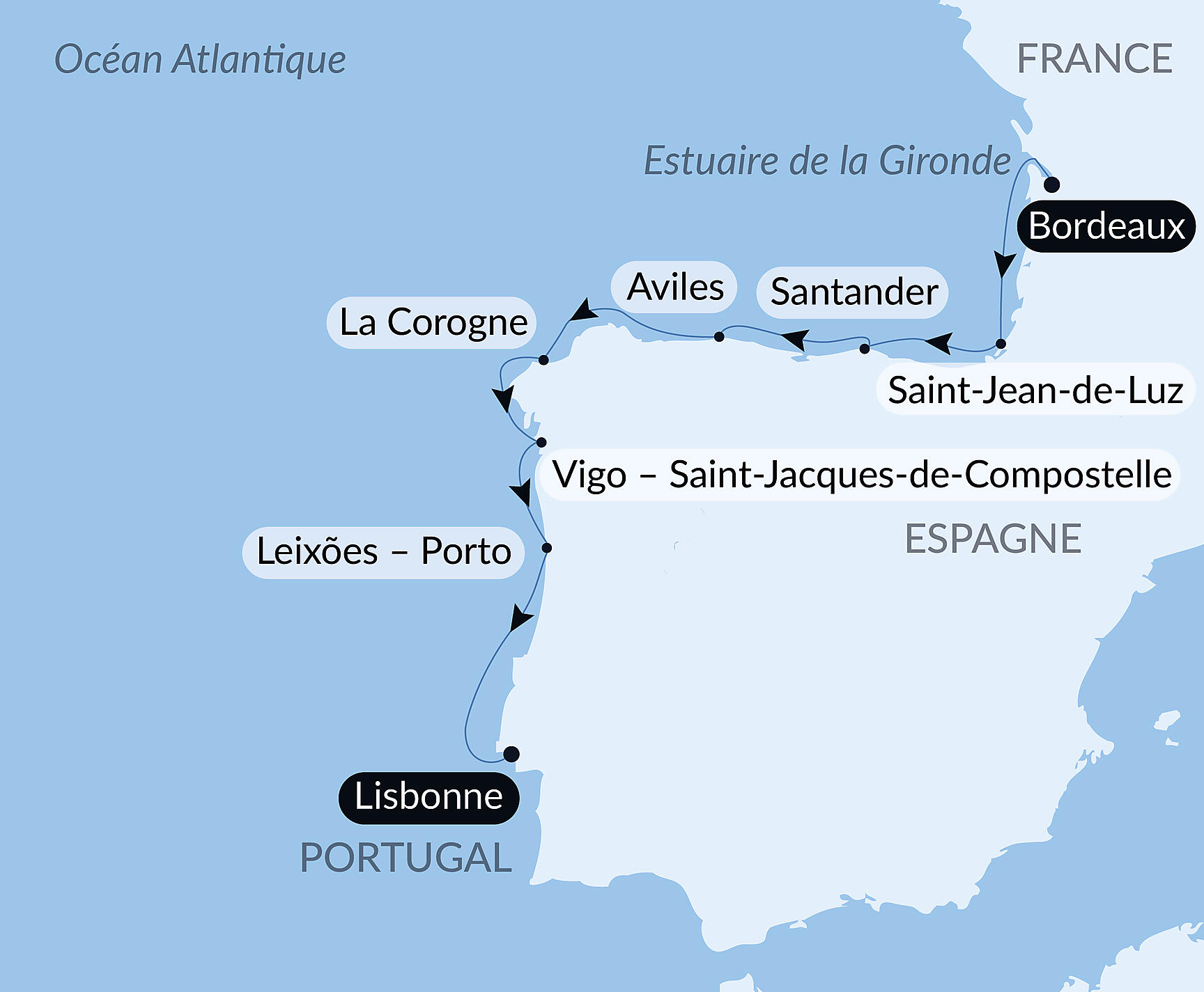 Carte itinéraire — L'été au vert, le long du Golfe de Gascogne et de la péninsule ibérique