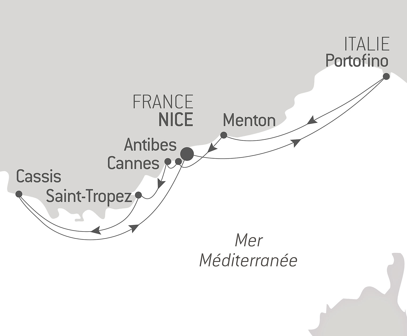 Carte itinéraire — La French Riviera sous les voiles du Ponant