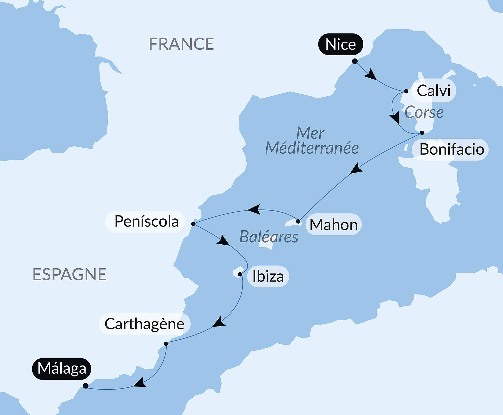 Carte itinéraire — Île de Beauté et rivages ibériques