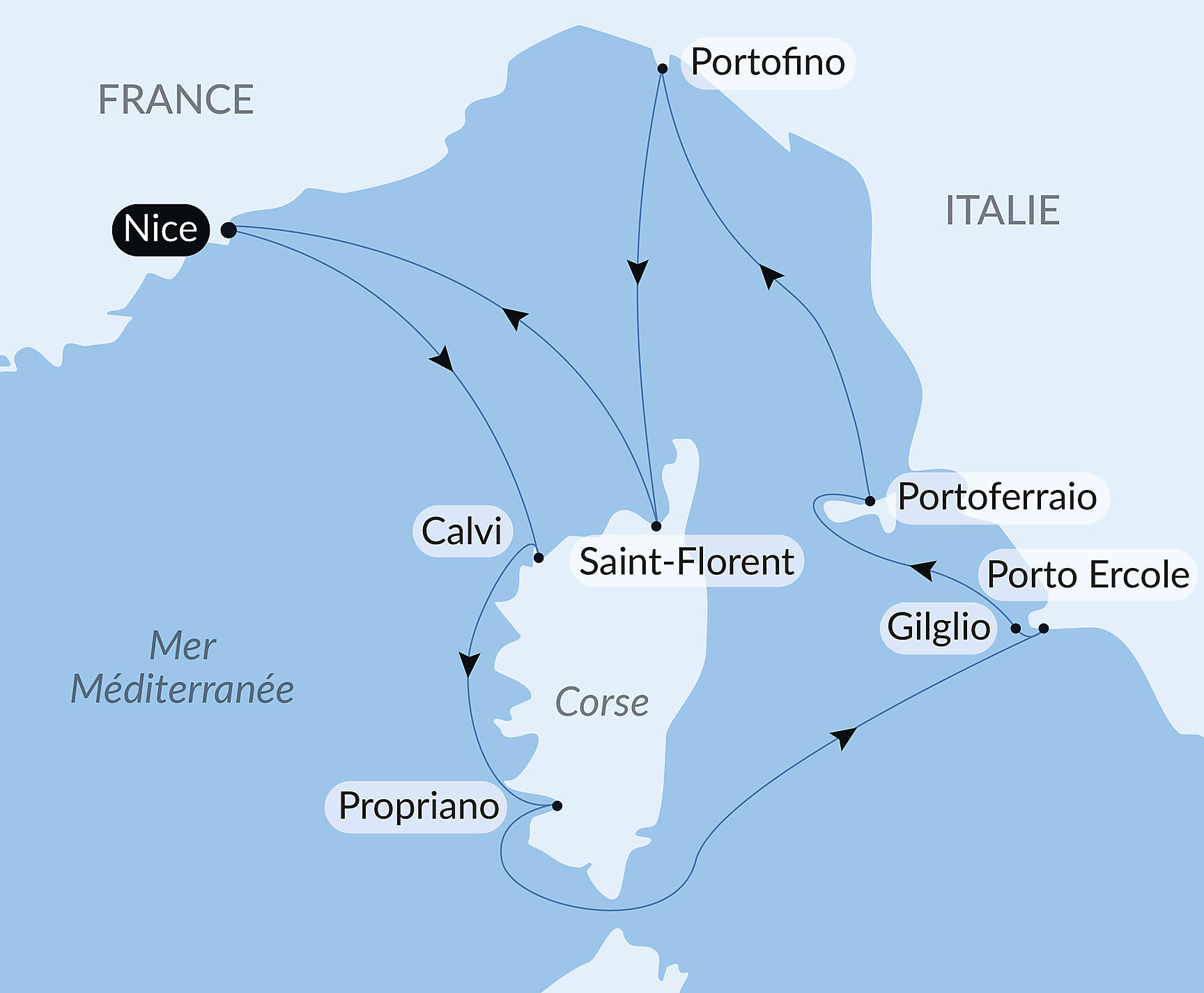 Carte itinéraire — Île de Beauté et rivages italiens