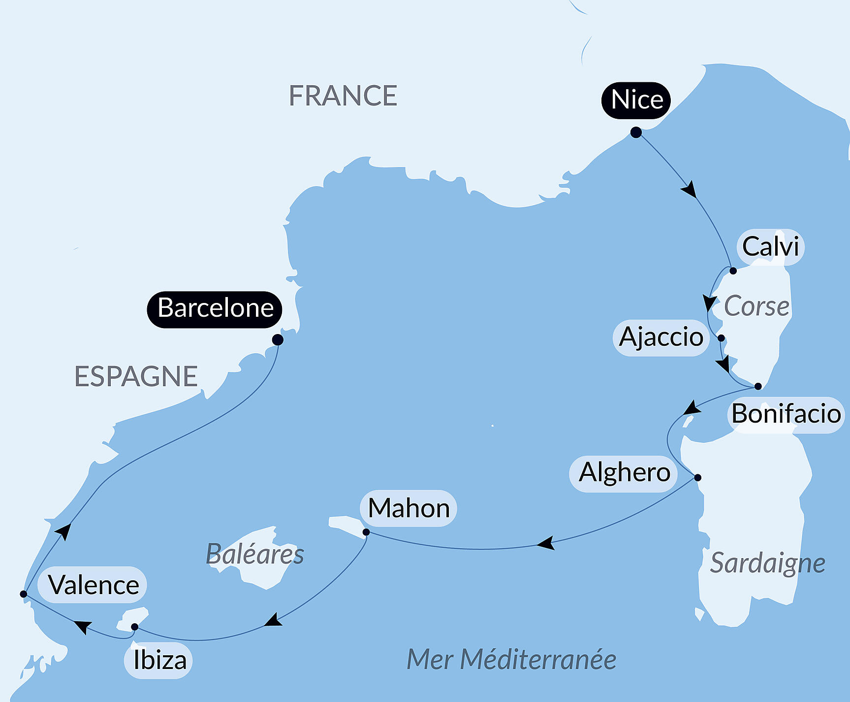 Carte itinéraire — Île de Beauté, Sardaigne et rivages ibériques