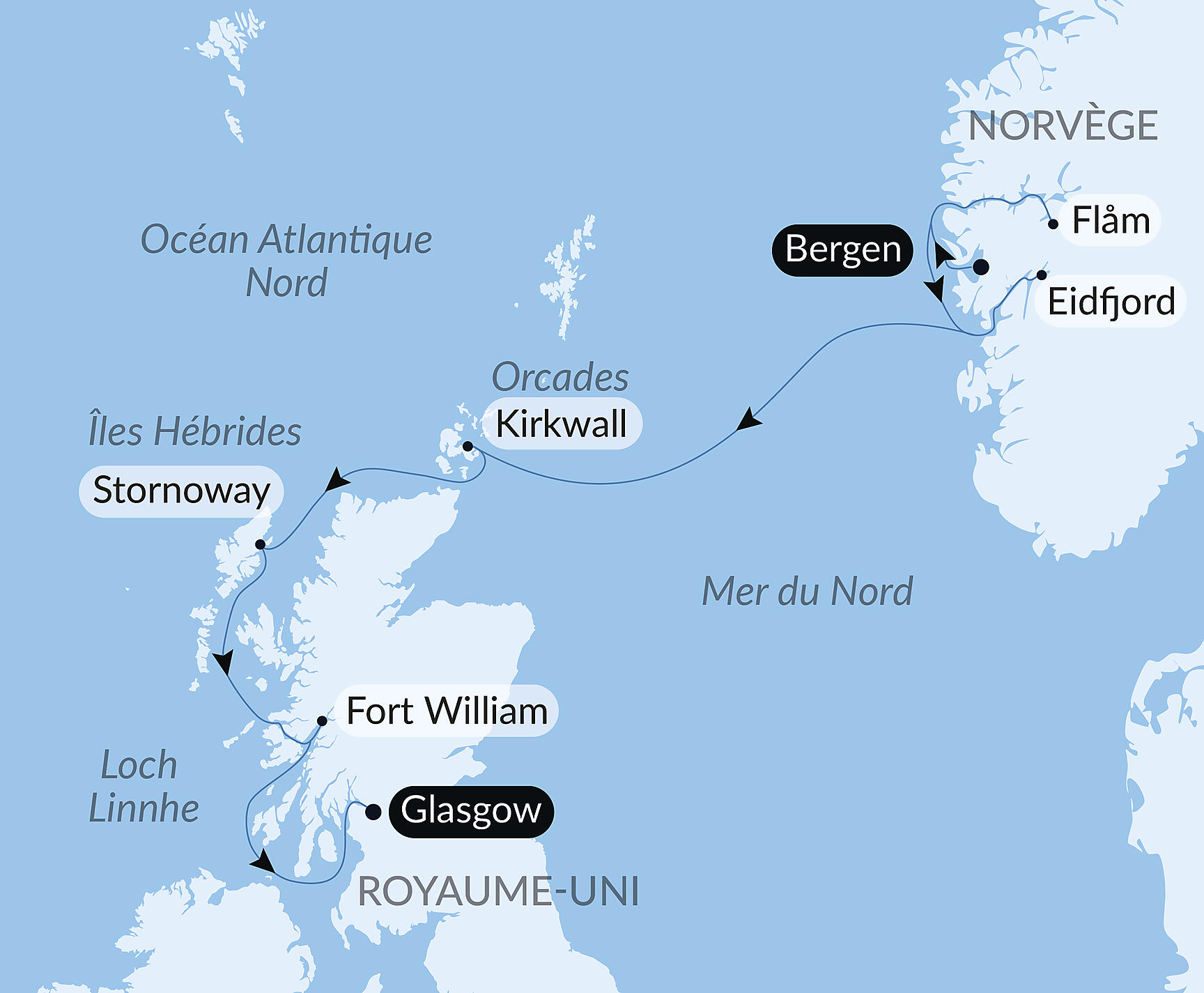 Carte itinéraire — Îles écossaises et fjords norvégiens