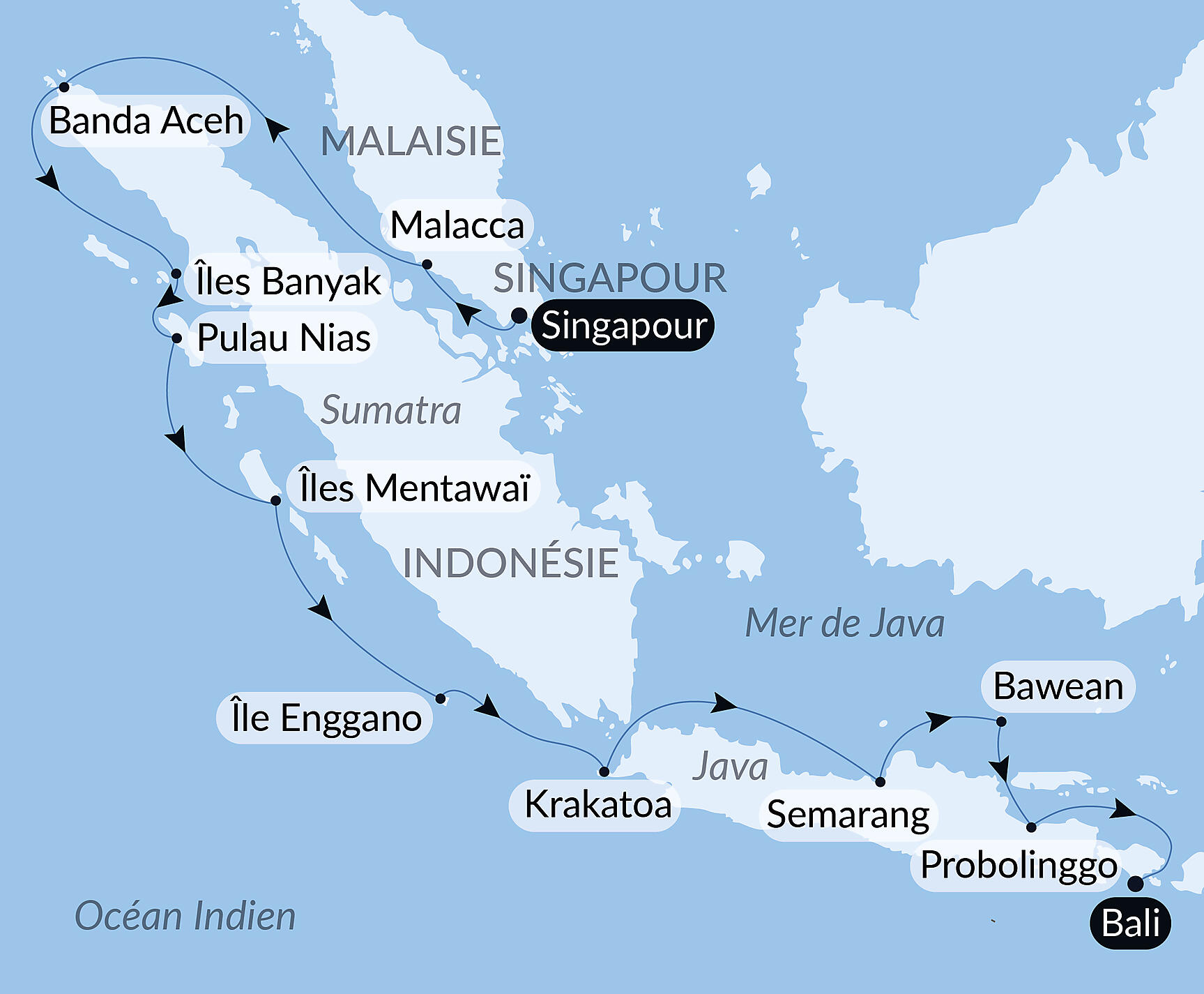 Carte itinéraire — Îles, villes et volcans d’Indonésie