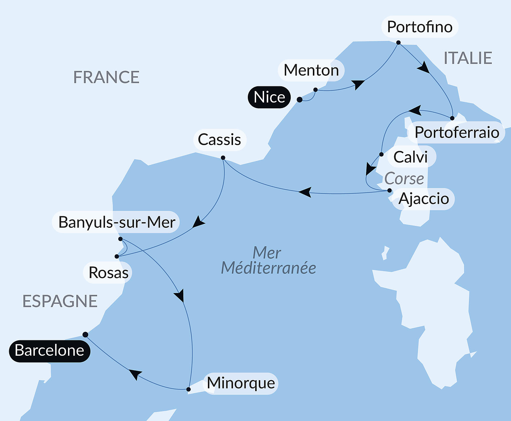Carte itinéraire — Joyaux discrets de Méditerranée occidentale