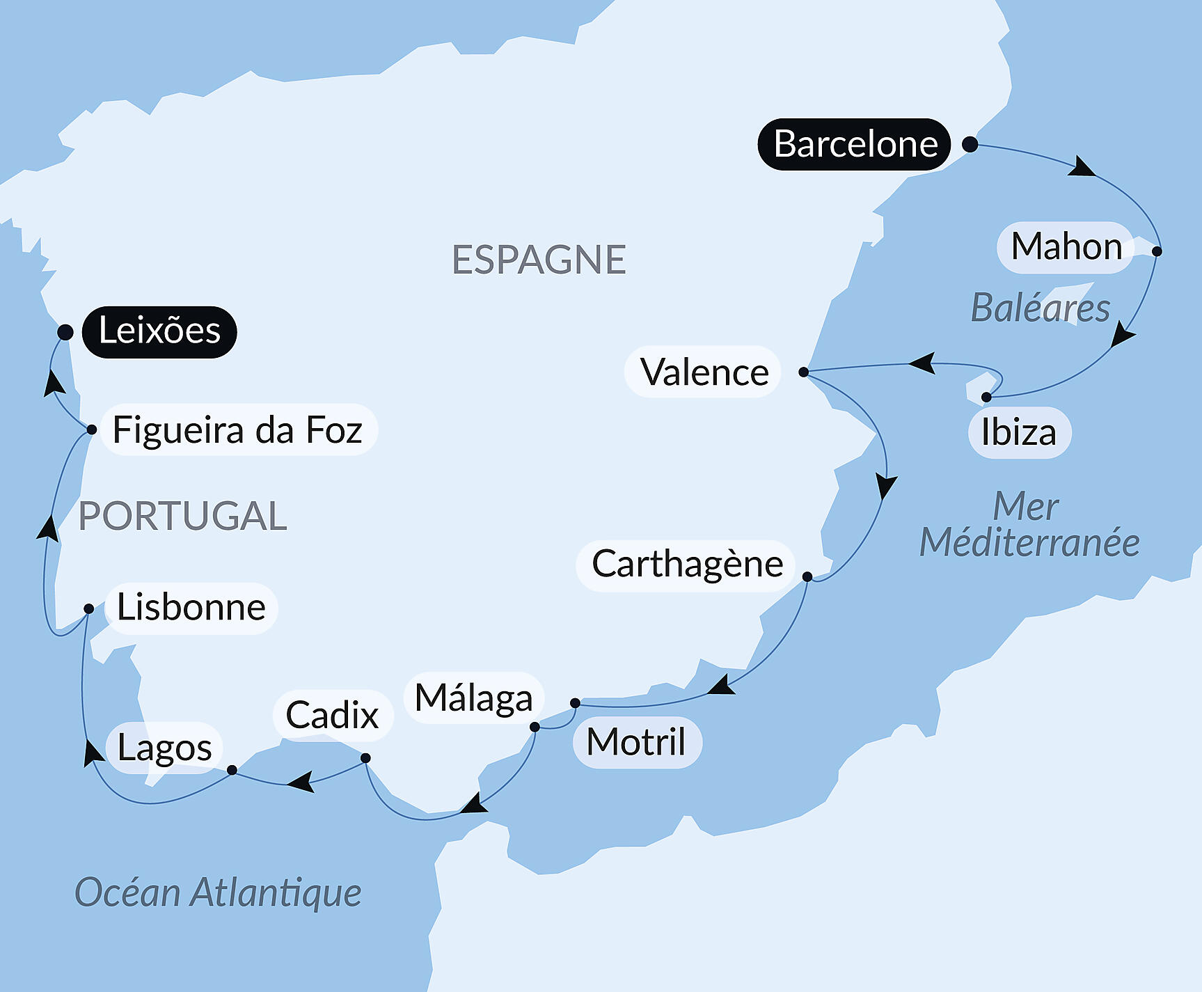 Carte itinéraire — Joyaux insulaires et rivages ibériques