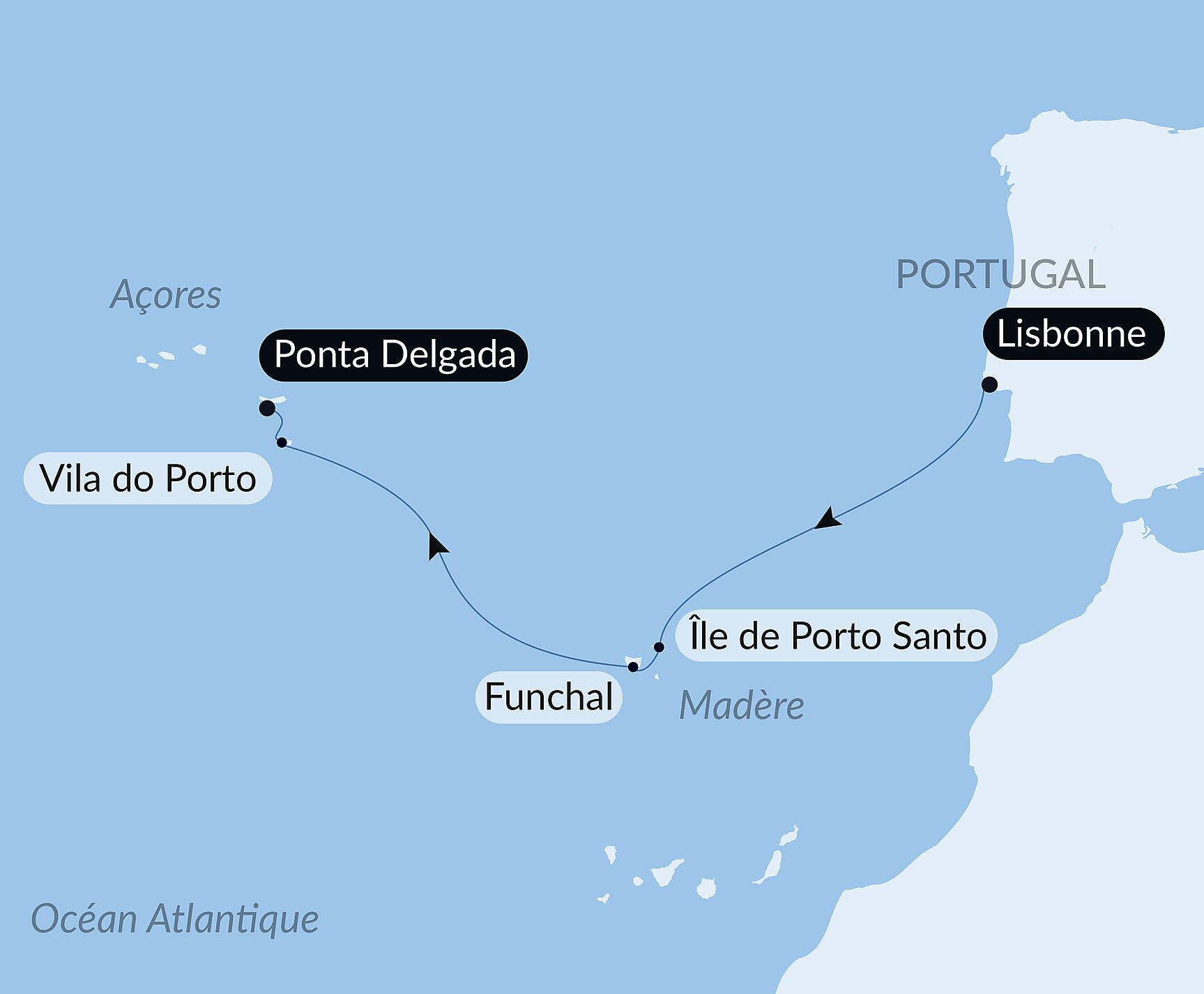 Carte itinéraire — Madère et Açores