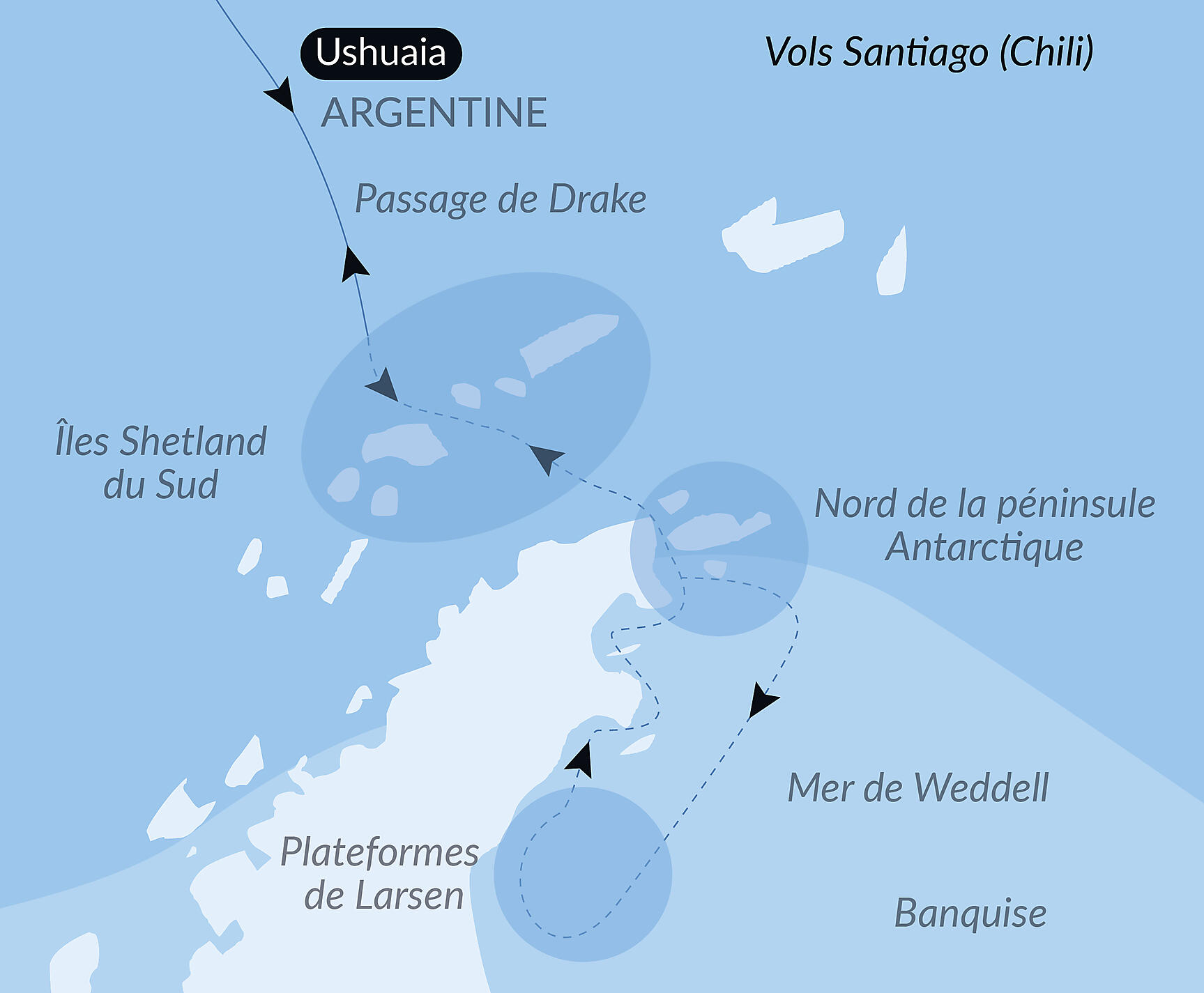 Carte itinéraire — Mer de Weddell et plateformes de glace de Larsen