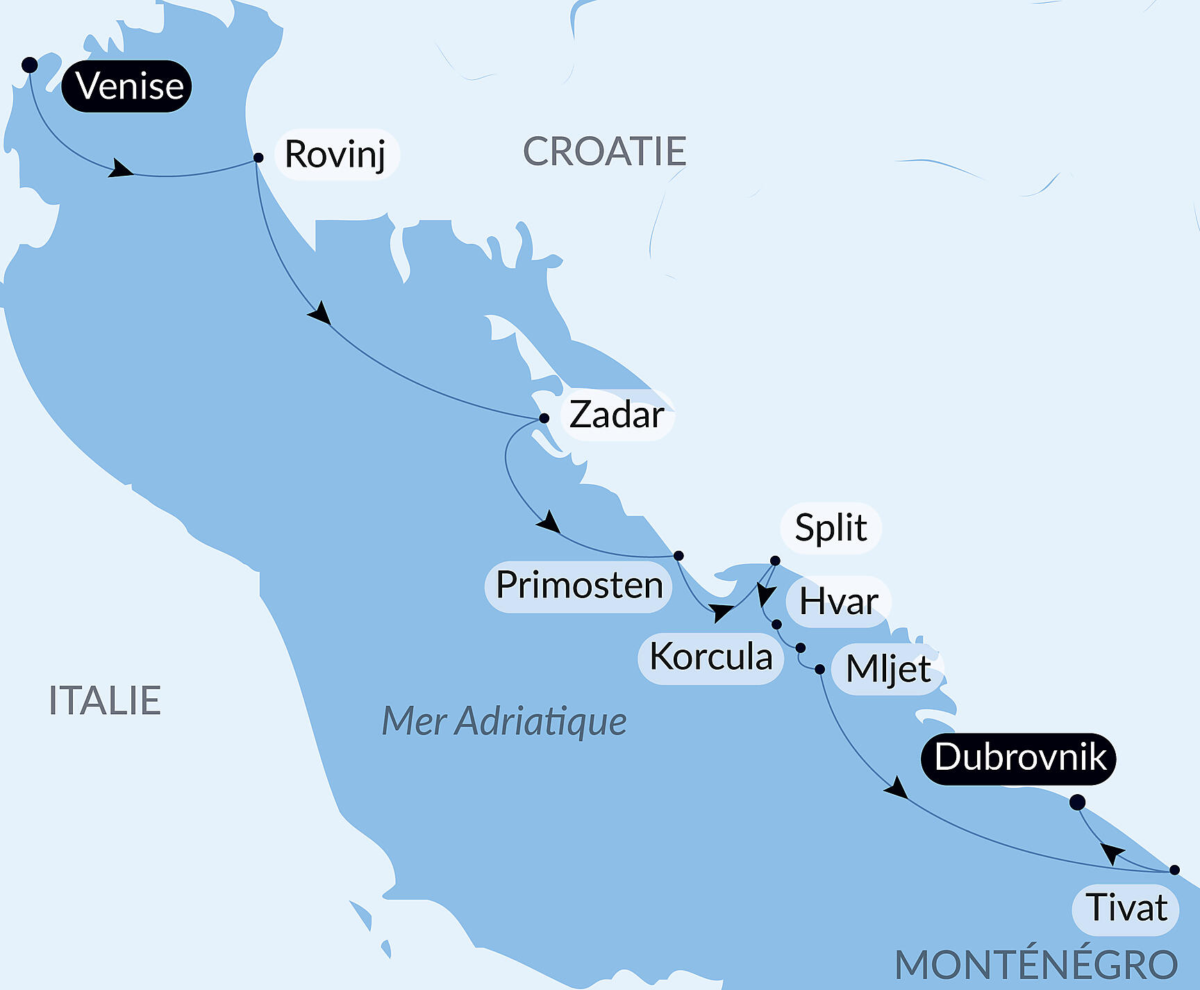 Carte itinéraire — Merveilles naturelles et joyaux culturels de Dalmatie