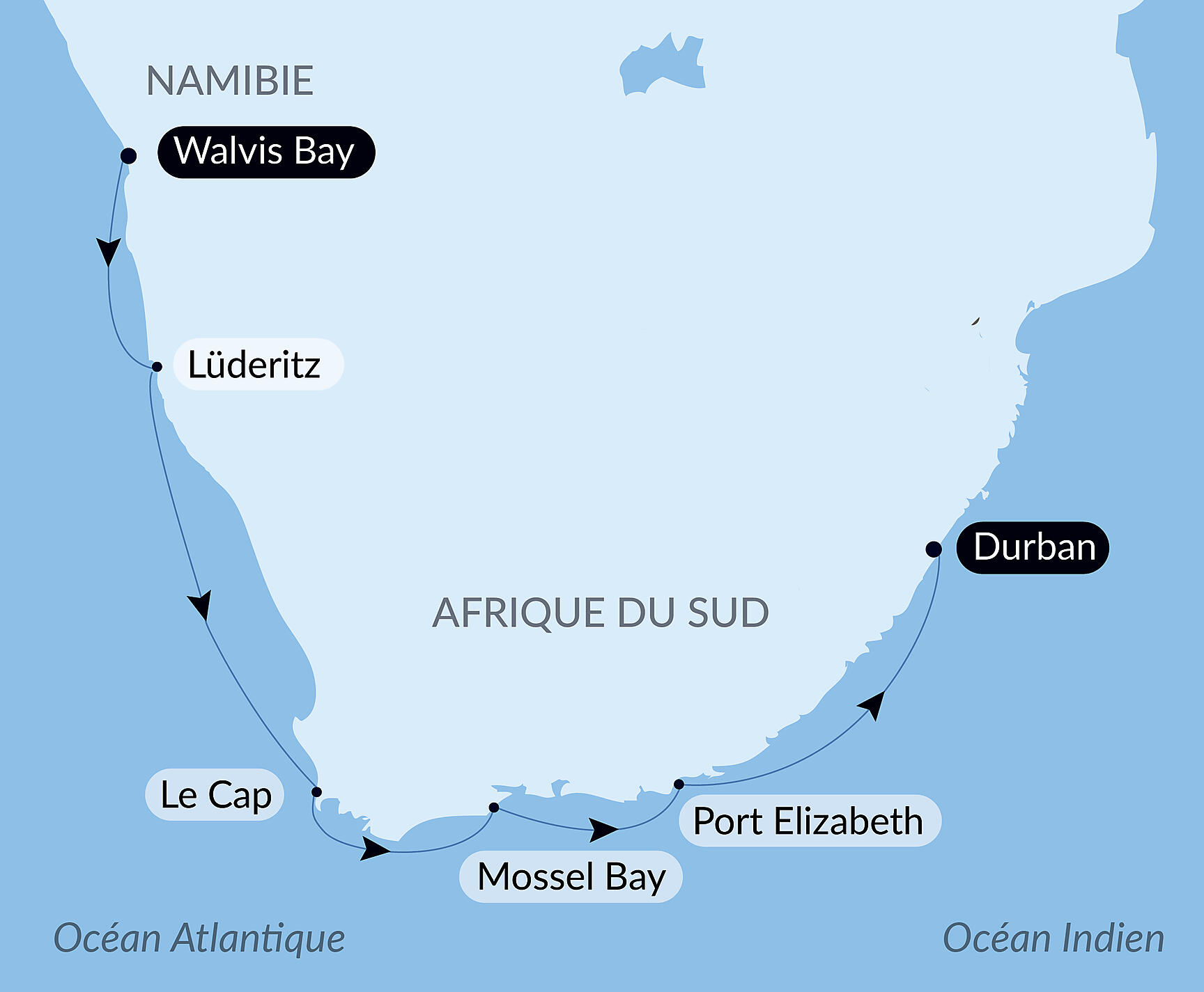 Carte itinéraire — Namibie et Afrique du Sud