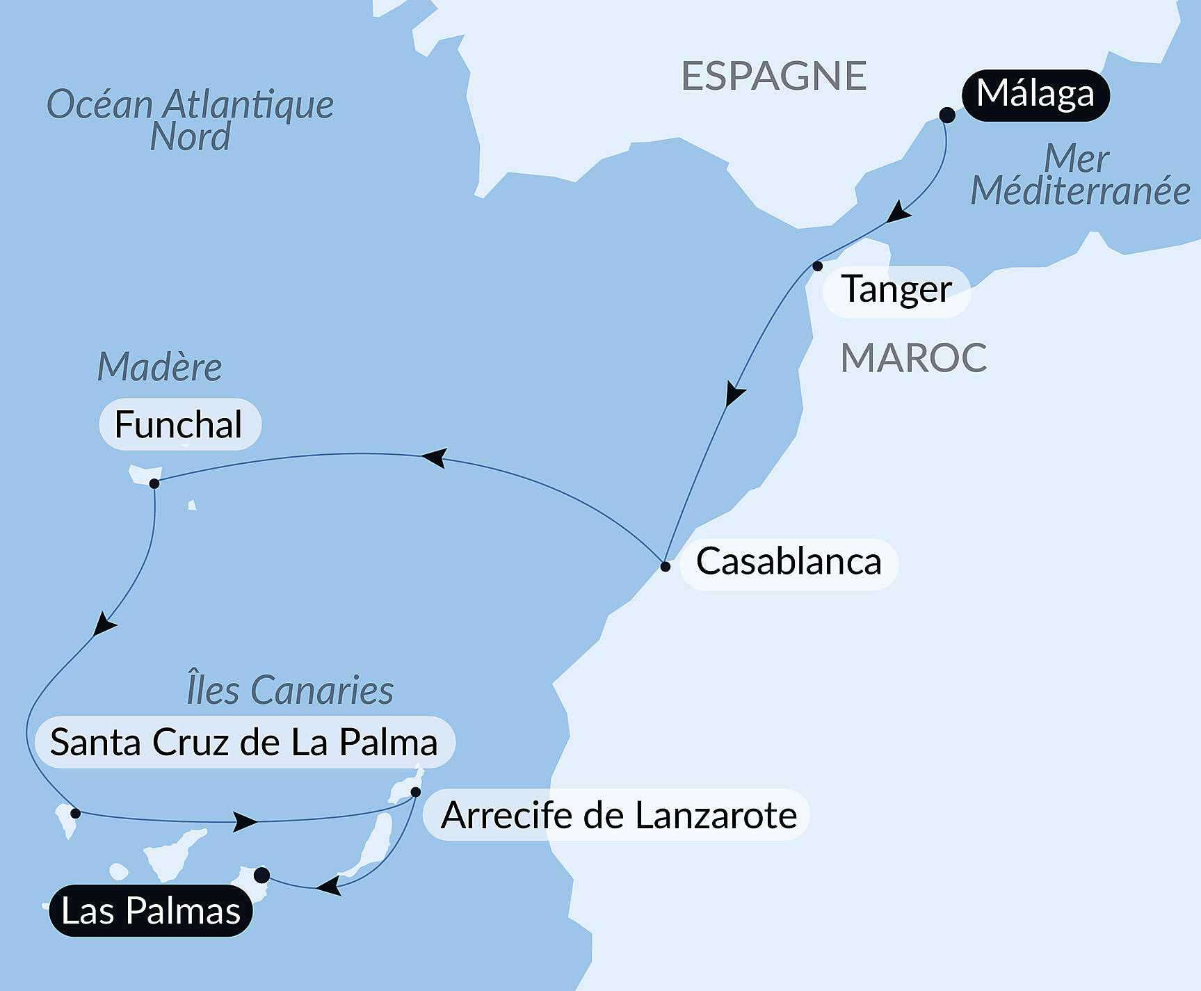 Carte itinéraire — Odyssée atlantique de la péninsule ibérique aux Canaries