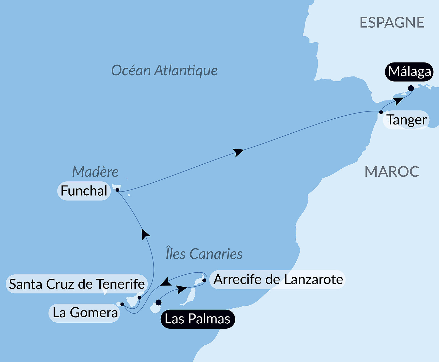 Carte itinéraire — Odyssée atlantique des Canaries à la péninsule ibérique
