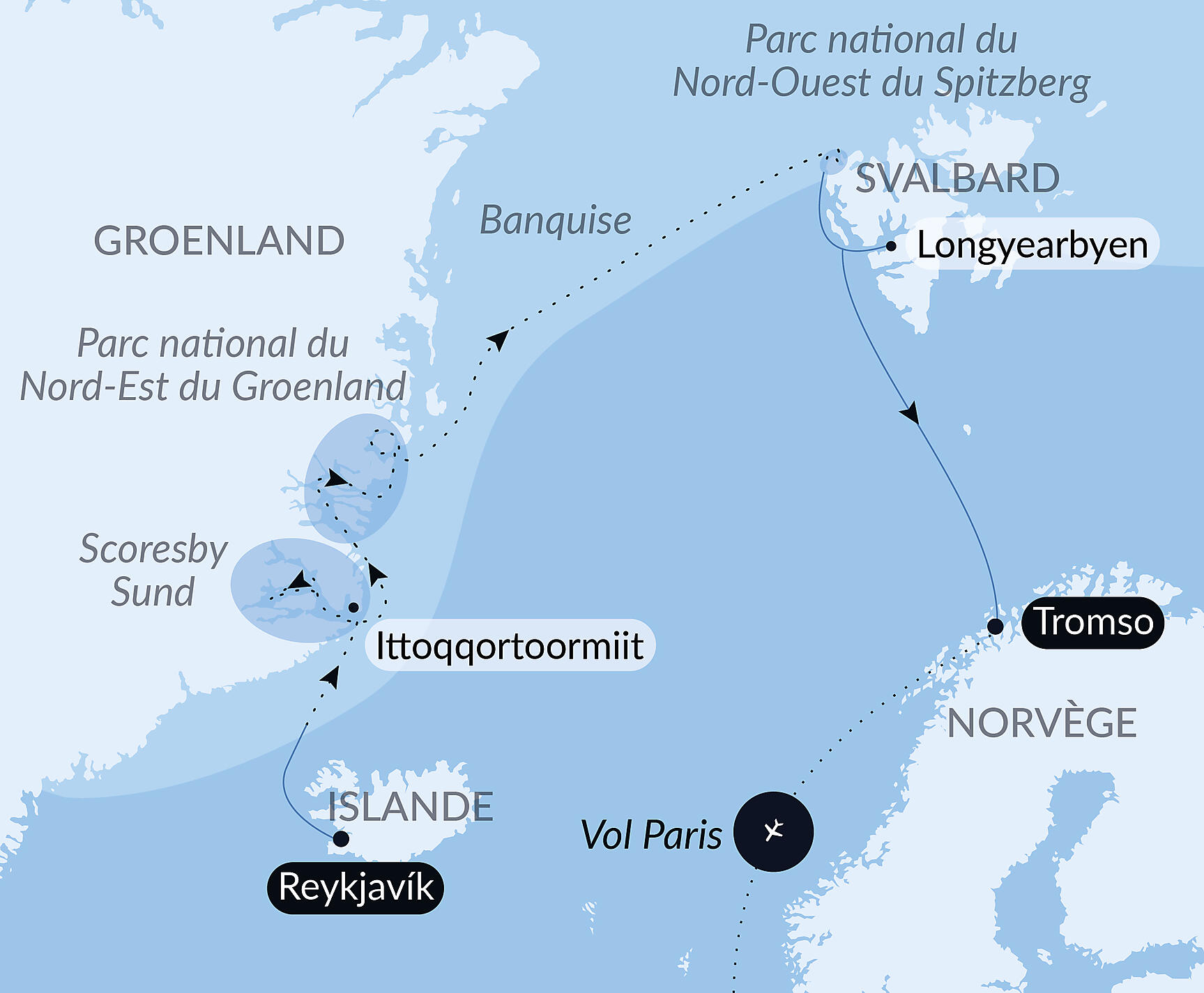 Carte itinéraire — Odyssée polaire entre Nord-Est du Groenland et Spitzberg