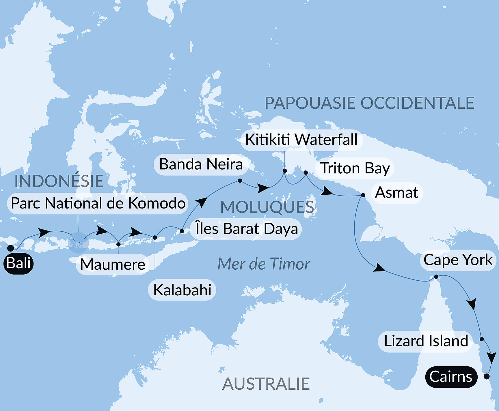 Carte itinéraire — Odyssée tropicale entre Indonésie et nord-est Australien