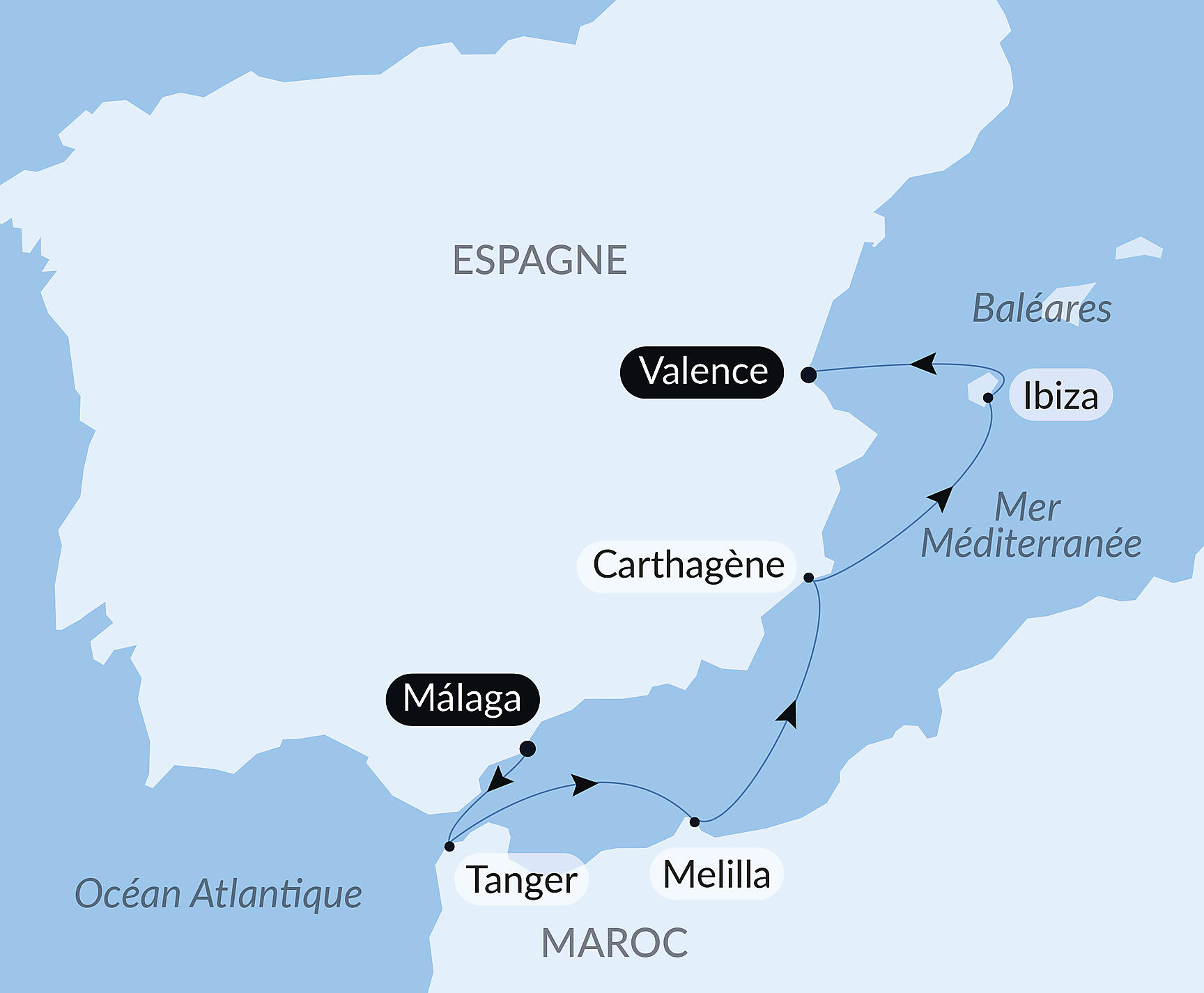 Carte itinéraire — Péninsule Ibérique, Baléares et rivages marocains