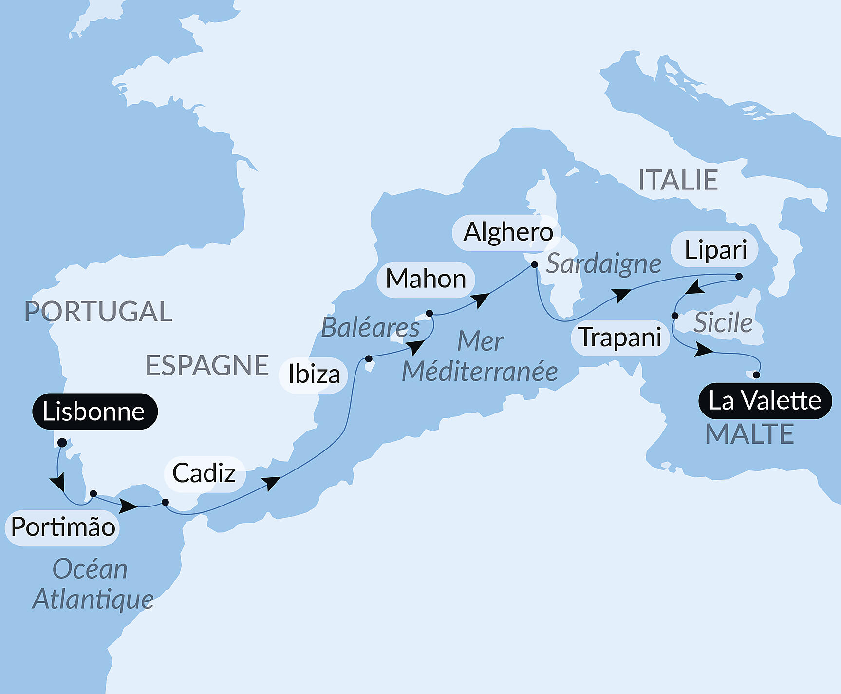 Carte itinéraire — Péninsule ibérique et joyaux de Méditerranée