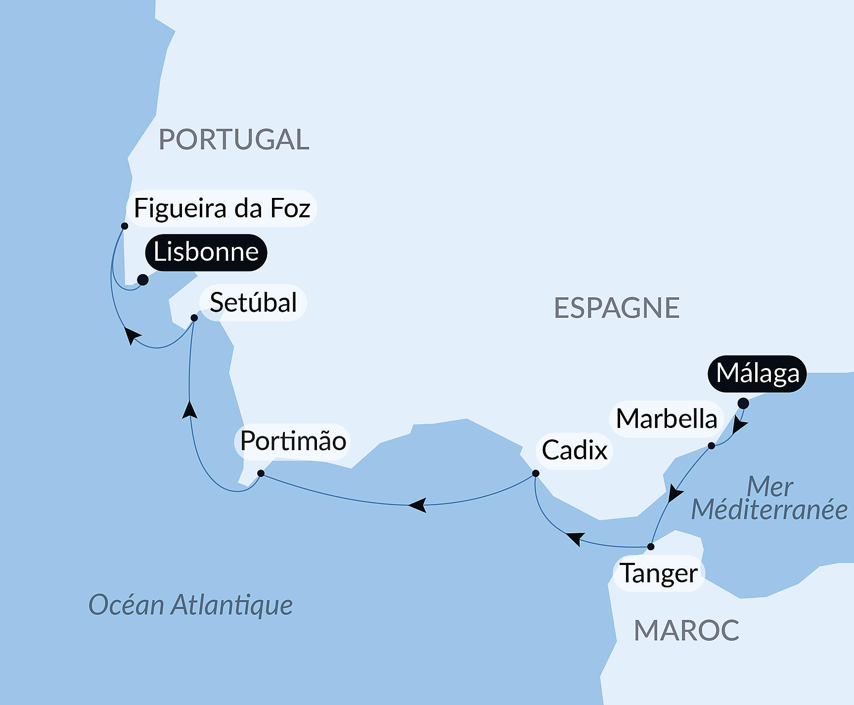Carte itinéraire — Péninsule ibérique et Maroc